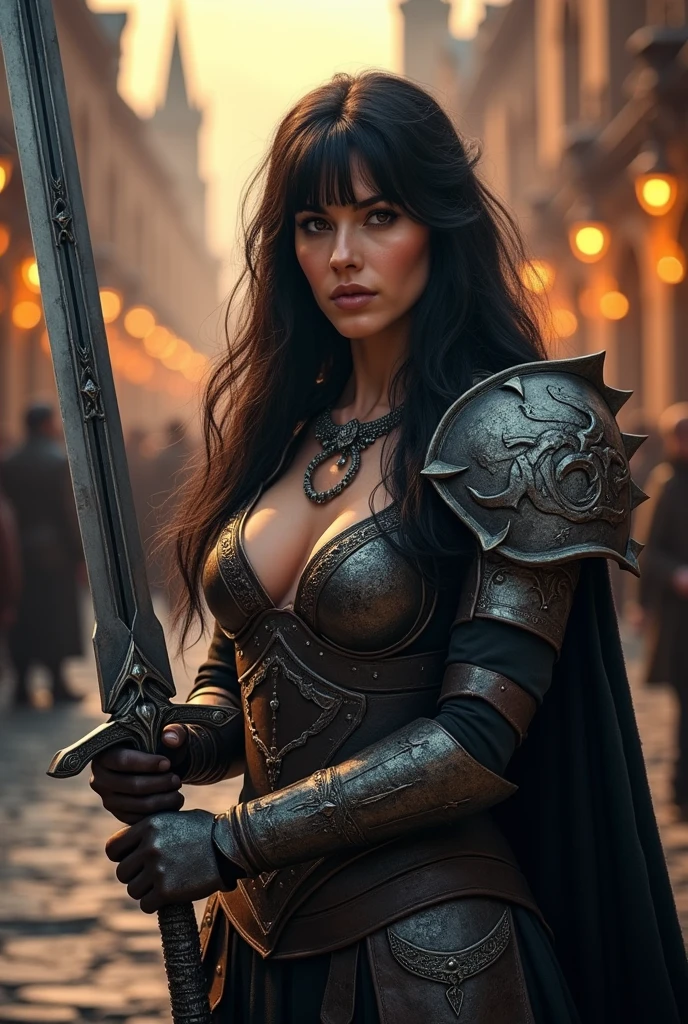 score_9_up score_8_up score_7_up, female_solo, hazel eyes, black hair, slender hot body proportion, medium breast, witchblade, cleavage, erected nipples, intricate details, perfect, Witcher wolf Armor, (1Huge Sword, Large sword), depth_of_field, medieval city,holding_sword,