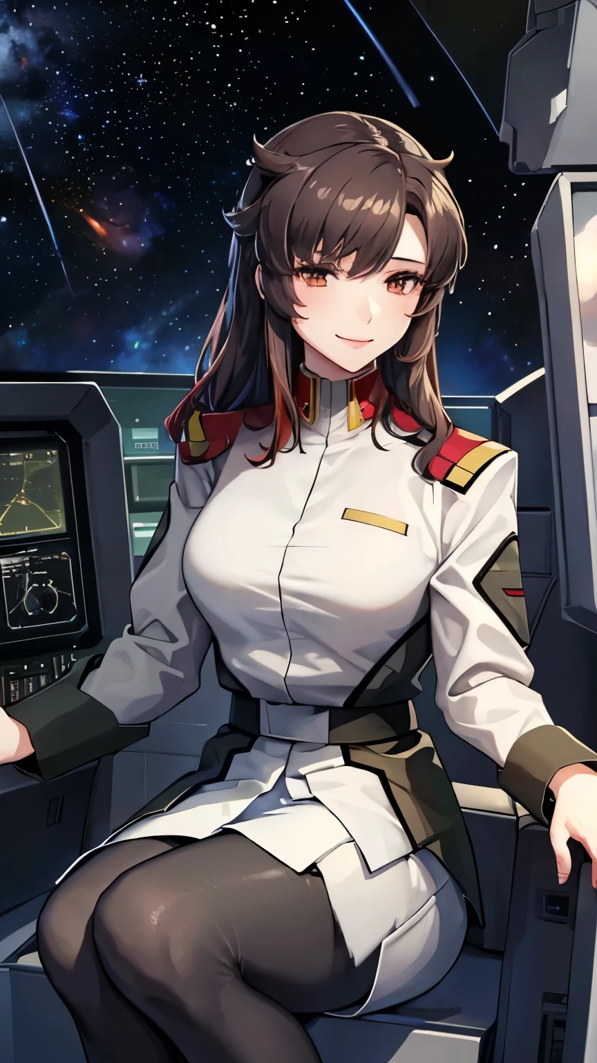 masterpiece, best quality, High resolution, Calm 1, 1 girl, alone, (Black_pantyhose:1.1), army uniform, army, cosmetics, White shirt,  White Skirt, tight skirt, sitting, Upper Body, cockpit, space, Smile