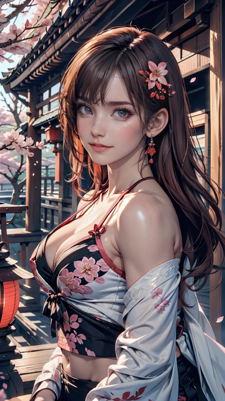 One person, (Urzan-6500:0.7), K-Pop Idols, yae miko, bikini, Removable sleeves, Exposing shoulders, Pink Hair, Long Hair, スーパーマイクロbikini, Highest quality, (Painting:1.5), (hair ornaments:1.35), jewelry, Purple eyes, Earrings, chest, torii, cherry blossoms, Lantern Light, Depth of written boundary, Detailed face, Face Focus, ribbon_trim, (View your viewers:1.25), Non-traditional Shrine Maiden, Glowing Skin, Long sleeve, smile, Thick lips, Game CG, Put your hand on your lips, East Asian architecture, (Blurred Background:1.2), Sitting, Upper Body, スーパーマイクロbikini