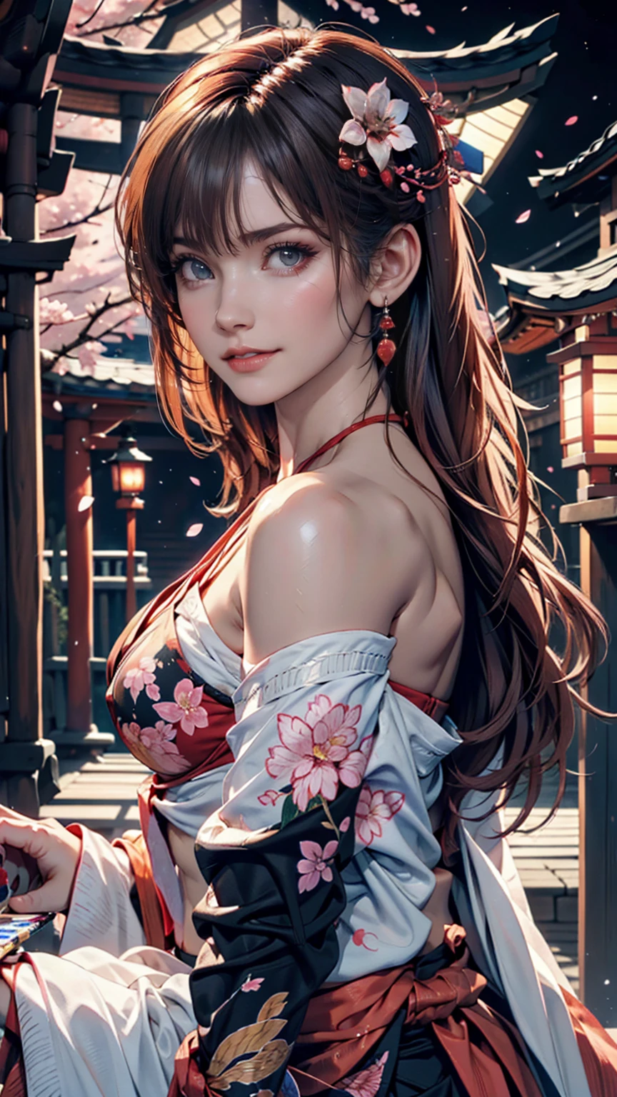 One person, (Urzan-6500:0.7), K-Pop Idols, yae miko, bikini, Removable sleeves, Exposing shoulders, Pink Hair, Long Hair, スーパーマイクロbikini, Highest quality, (Painting:1.5), (hair ornaments:1.35), jewelry, Purple eyes, Earrings, chest, torii, cherry blossoms, Lantern Light, Depth of written boundary, Detailed face, Face Focus, ribbon_trim, (View your viewers:1.25), Non-traditional Shrine Maiden, Glowing Skin, Long sleeve, smile, Thick lips, Game CG, Put your hand on your lips, East Asian architecture, (Blurred Background:1.2), Sitting, Upper Body, スーパーマイクロbikini