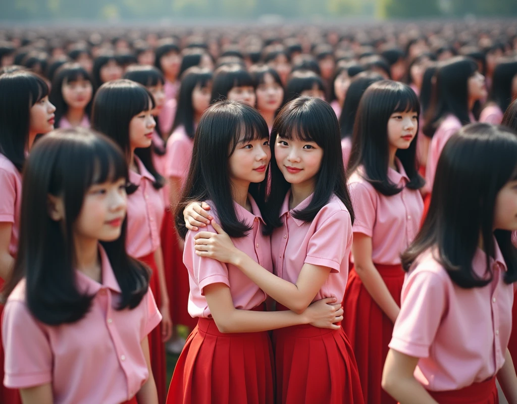 (Perfect Clone girls Photography Art), (16K, Highest quality, Ultra-high resolution, Unrealistic, A world of cloned girls multiplying, Real), (Japanese, high school girl, 16-year-old), (((((Small face, (((((Thick black hair, Semi-long hair)))))))))), ((Beautiful detailed girls, Accurate body structure, Very detailed body, (((((Big Breasts, H-Cup))))), ((Emphasis on the fullness of a large chest)), (((Pale pink shirt, Red Skirt))), ((Dark Eyes, Baby Face, Cute Smile, A gentle gaze)), (((((Happy laughter))))), (((((Very detailed, 1girl-1,000,000cloning))))), (((100girls), (6+girls), multiple girls))), (((A very perfect depiction of a doppelganger))), (((Very detailed, Perfectly the same girl, The exact same smile, Perfect same hair, Perfect same clothes, Perfect same H-cup))), (((((clone girls only))))), ((10,000girls)), ((1,000,000girls)), ((1,000,000,000girls)), (greeting, hug, Chest to Chest, hug, Cuddly love), ((Pleasant conversation, Happy conversation, Staring at each other, spoil, Look next door, face to face, Daily conversation, Fun love story)), ((1,000,000,000,000,000,000girls)), ((1,000,000,000,000,000,000,000,000,000girls)), ((The sight of the ultimate super-crowded, Abnormal extreme crowding, Very extremely crowded)), (Soft Light, super wide view, (((((Extremely detailed ultra-perspective depiction, height difference)))))), (((Subject depth extremely shallow))), Aperture-priority - F11