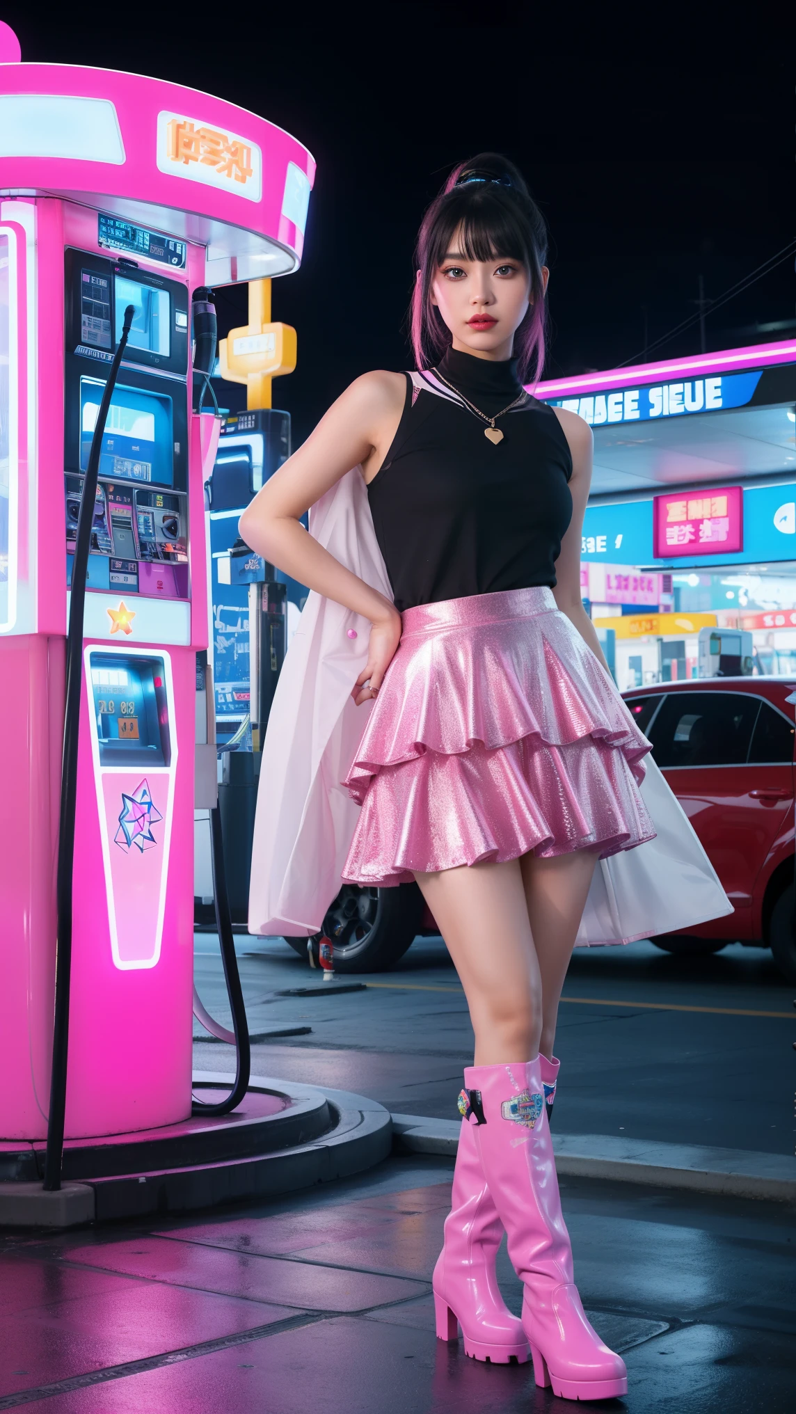 futuristic young woman, The dazzling costume、in a surreal atmosphere々Standing, Neon lights shine at the gas station. Gasoline pump, adorned with star, Floating in the air, The hose swings playfully. Vibrant pink and purple hues spread, Creates a surreal and otherworldly atmosphere, Monitiered layered skirt, Pink Boots, White pink heart print top, Unusual fashion choices, Black low ponytail with bangs