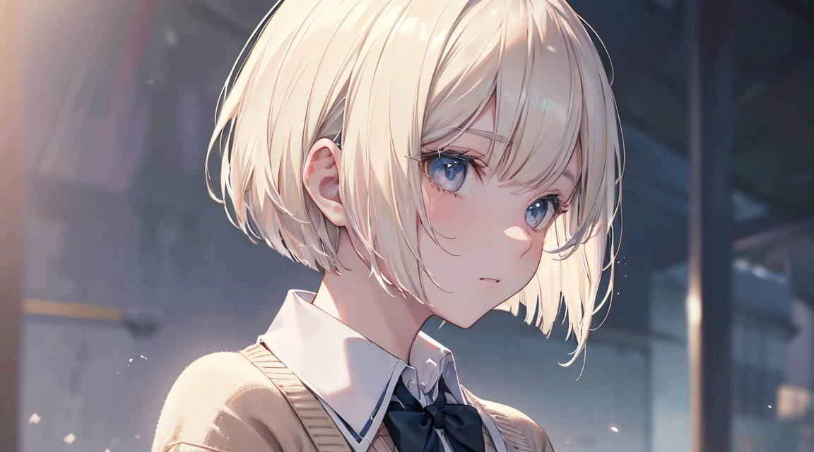 (Bob Cut Hair, Platinum Blonde Hair, profile:1.2),(Wear a cardigan over a collared shirt:1.2),1 person,Japanese,21 years old,(Small breasts:1.3),(Highest quality,masterpiece:1.3,超A high resolution,),(Ultra-detailed,Caustics),(Photorealistic:1.4,RAW shooting,)Ultra-Realistic Capture,Very detailed,High resolution 16K human skin close-up。 Natural skin texture、,Pores、、It needs to be detailed enough to be easily identifiable。 Skin should be even-toned and healthy looking。 Use natural light and colour, Sad expression, Looking at the camera, Perfect dynamic composition, Outdoor