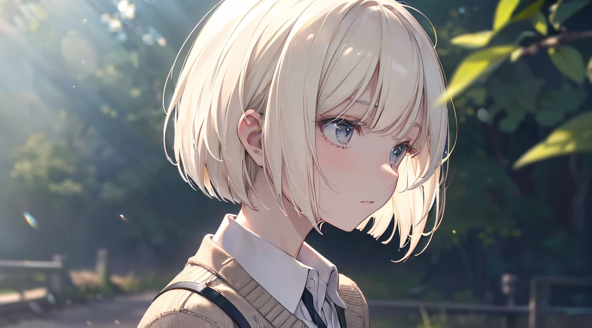 (Bob Cut Hair, Platinum Blonde Hair, profile:1.2),(Wear a cardigan over a collared shirt:1.2),1 person,Japanese,21 years old,(Small breasts:1.3),(Highest quality,masterpiece:1.3,超A high resolution,),(Ultra-detailed,Caustics),(Photorealistic:1.4,RAW shooting,)Ultra-Realistic Capture,Very detailed,High resolution 16K human skin close-up。 Natural skin texture、,Pores、、It needs to be detailed enough to be easily identifiable。 Skin should be even-toned and healthy looking。 Use natural light and colour, Sad expression, Looking at the camera, Perfect dynamic composition, Outdoor