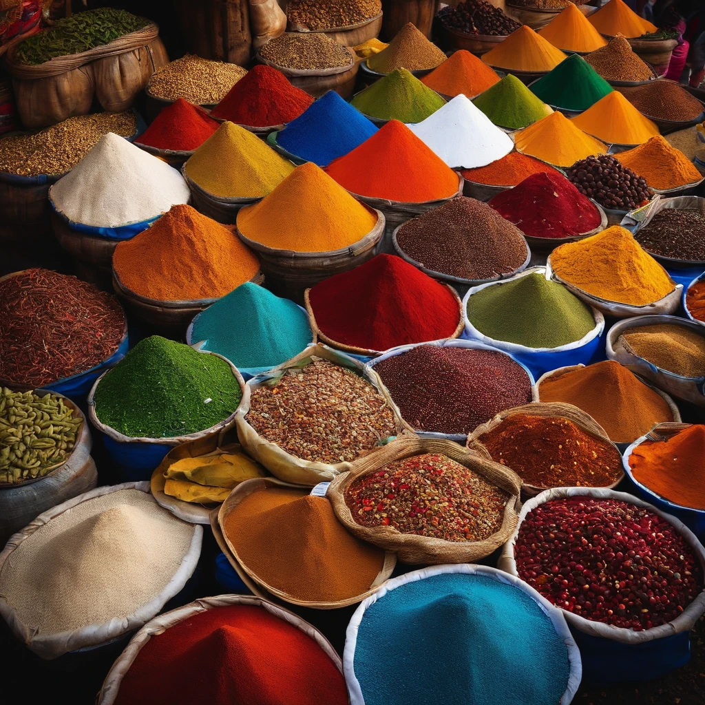 A street market stall selling colorful spices