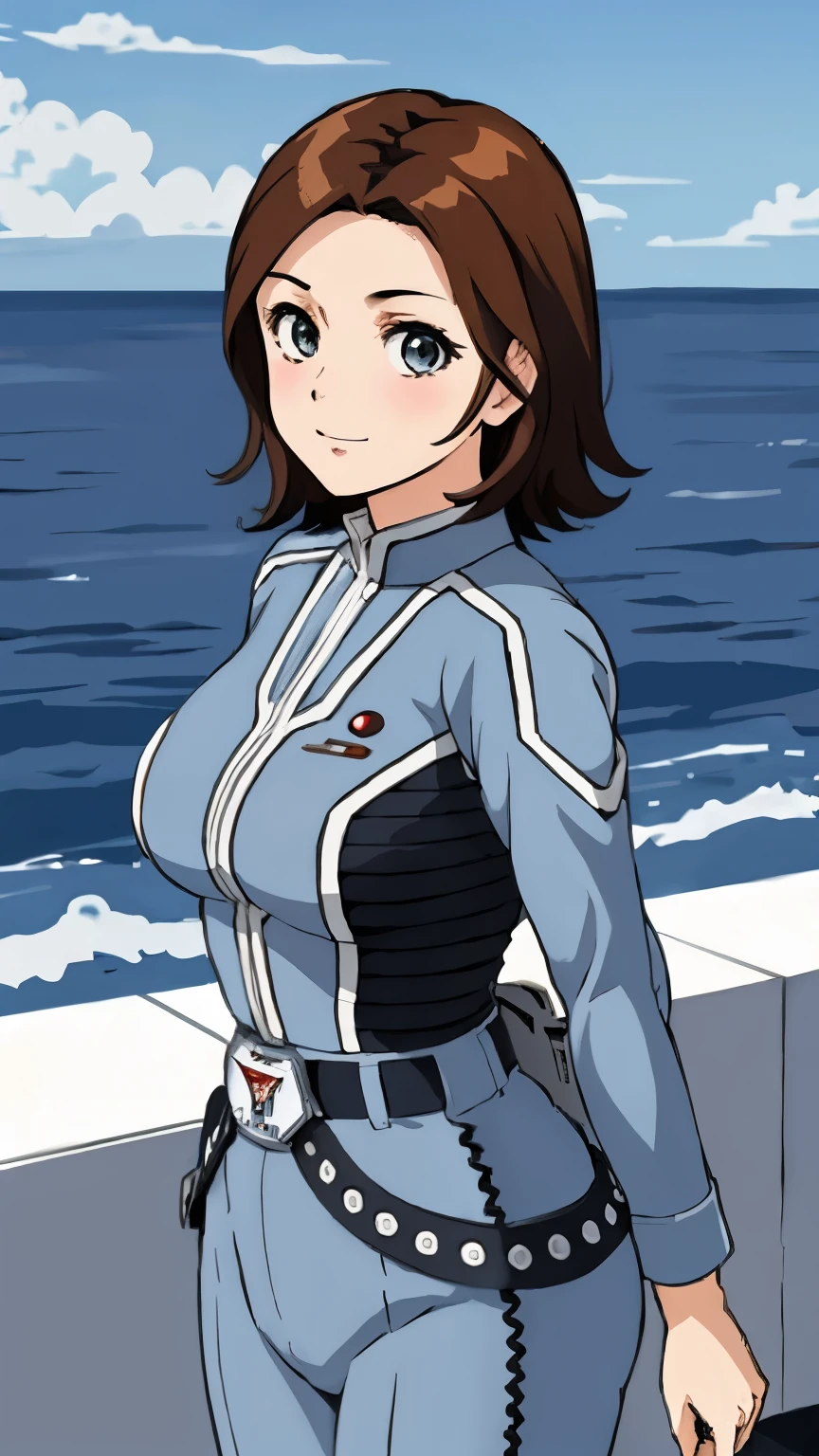 masterpiece, best quality, solo,1girl,looking at viewer,, cowboy shot,sea,anime style,
 anne、Ultra Guard Interioghter Aircraft Background、The bust is large