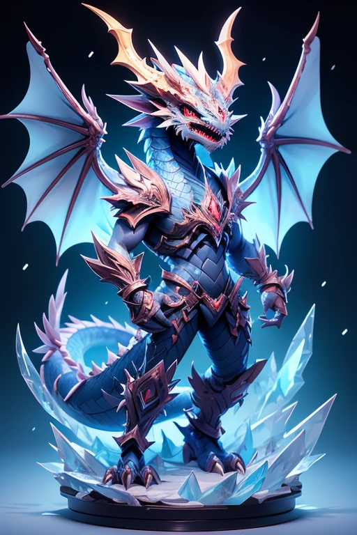 Create an image of a dragon monster with the Ice element., The body is transparent and can be seen through. The image is sharp and detailed., with beautiful colors.. With arms, leg, eyes, mouth, พื้นหลังสีlegว