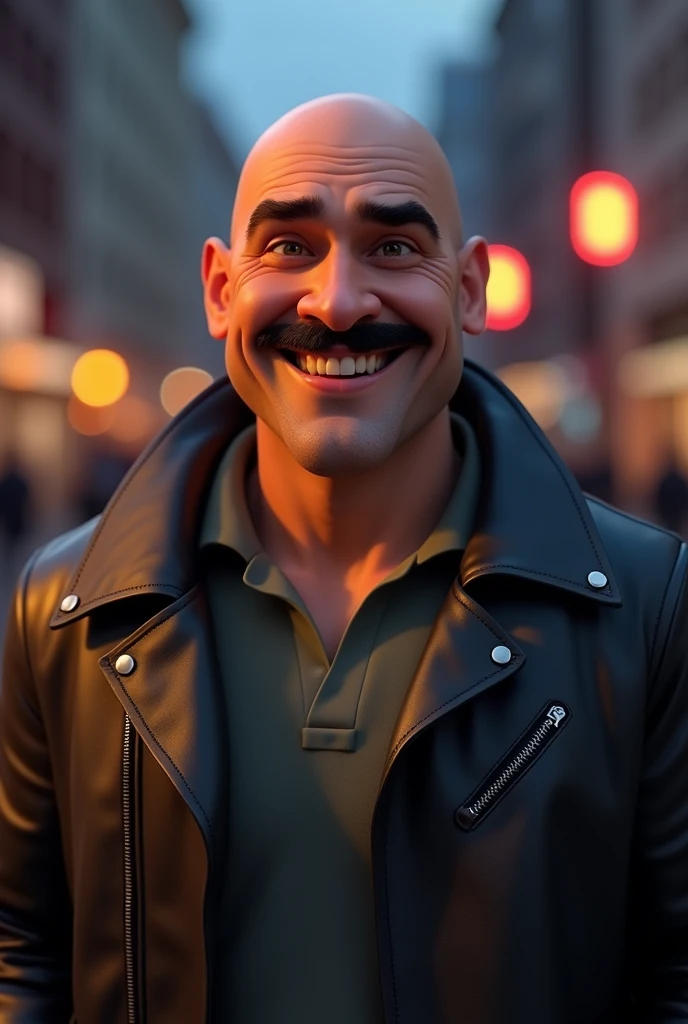 A full body ,bald  fat man with dark brown eyes, with moustache, wear black leather jacket, and with  nice smile, ,3d render