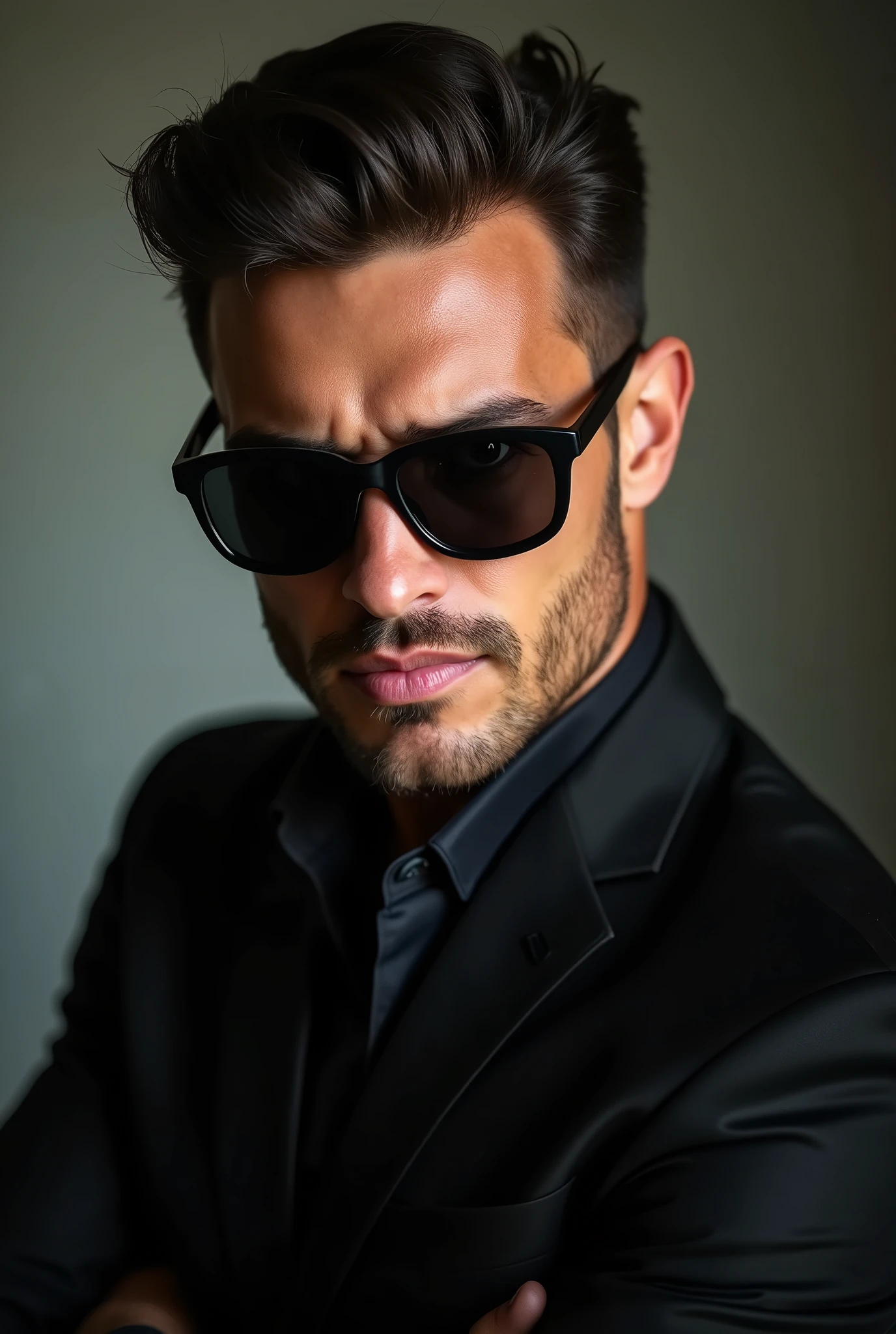 (Men)), (head shot), (front view), (half body view), (Handsome muscular man in his 30s wearing black pilot sunglasses, and luxury black suit), zi wang (Prince chiu), angry smile, (detail: 1 in 1), Natural muscles, HIG quality, beautiful eyes, (Detailed face and eyes), (Face、: 1 / 2), fresh lips, Noise, Real Photographics, ... ...................................................................................................PSD, Sharp Focus, High resolution (8K), realistic & Professional Photography, 8K UHD, Soft lighting, High quality, Film grain, FujifilmXT3