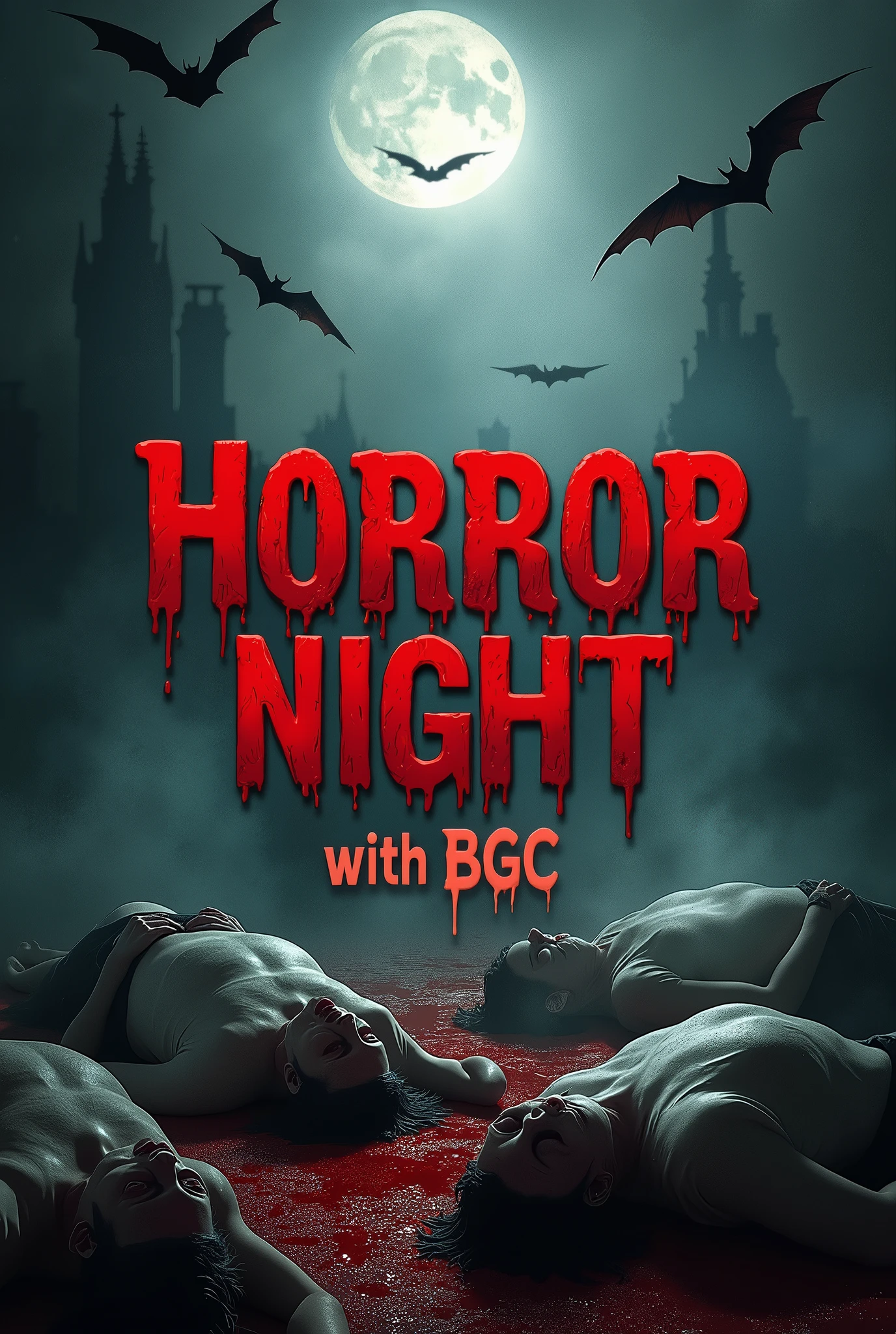 A very scarry horror background with dead bodies, ghosts,vampires, bats and so much blood 
In the center there will be a text " Horror night with BGC " 