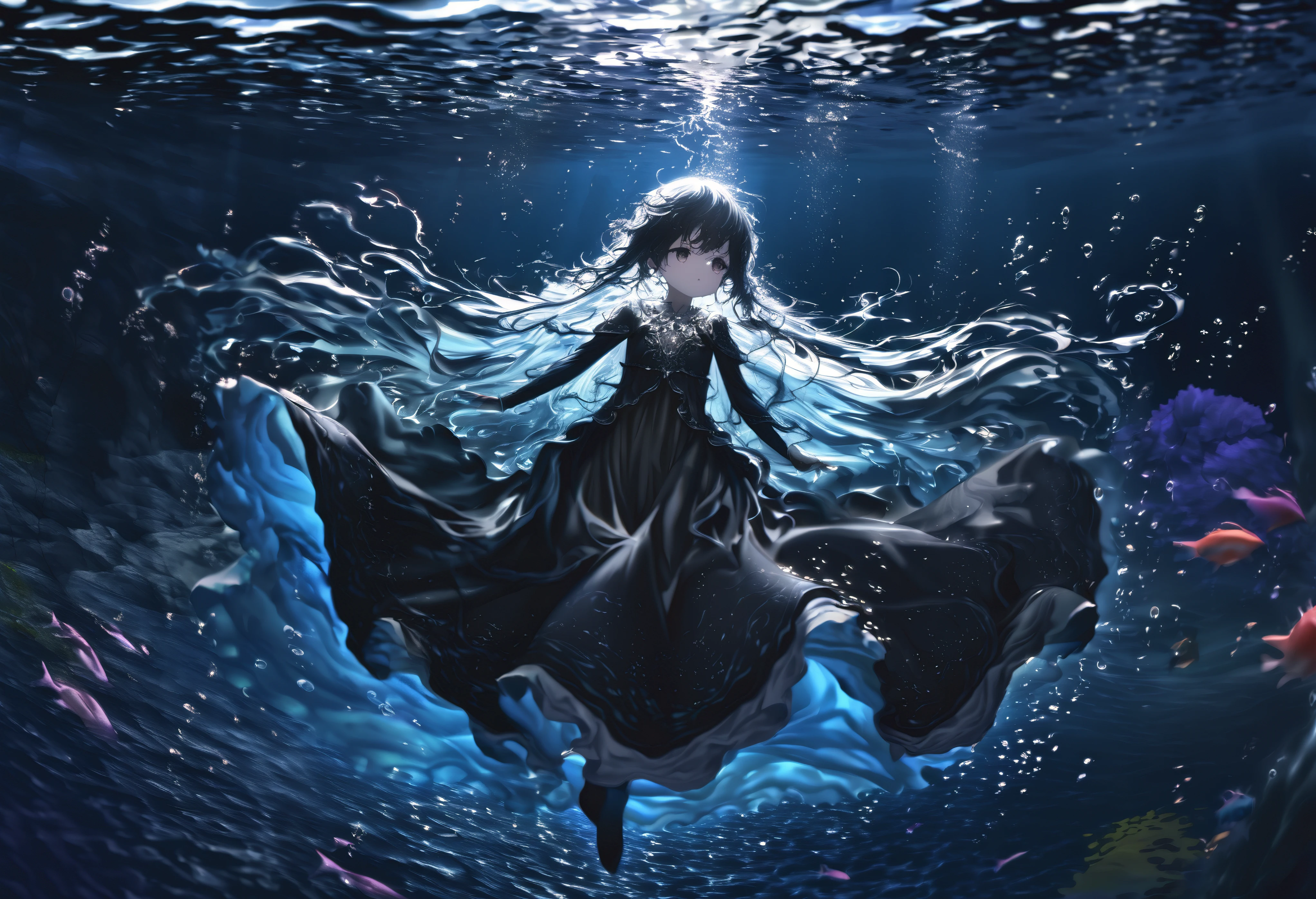 (full body), (solo), (A :1.2), (very young little girl), , (Solo), (small breast), (wide angle), raw photo, Aesthetic, Convoluted, Awarded, chiaroscuro, Best Quality, Detailed background, (underwater atmosphere:1.2), (underwater photo, floating drowning:1.1), ((Girl in very long black dress:1.2)), (very wet dress:1.1), detailxl, As the tempest rages overhead, the world is painted in a monochrome dance of silver and darkness, the rain a relentless symphony of nature's power. Amidst this deluge, a young girl emerges, her silhouette a stark contrast to the storm's fury. She is adorned in a black sheer transparent long skirt, a garment that whispers of mystery and allure.
Submerged in the water, the skirt takes on a life of its own, a dark, flowing silhouette that moves with the grace and fluidity of the deep. The black fabric, once a stark contrast to the world above, now becomes a part of the underwater realm, its transparency allowing the subtle play of light to filter through, casting shadows and highlights that dance around the girl.
The skirt's transparency allows the water to become a second layer of the garment, the fabric clinging to her form like a second skin, revealing and concealing in equal measure. The darkness of the fabric contrasts with the clarity of the water, creating a visual illusion of depth and dimension that adds to the skirt's allure.
As the skirt moves with the water, it creates a sense of motion and flow, the fabric rippling and swirling around her like a dark current. The hem of the skirt sways gently, brushing against the underwater terrain, leaving a trail of disturbed sediment in its wake, a testament to the skirt's passage through the depths.
The black sheer fabric is adorned with subtle details that become more pronounced underwater. Perhaps there are delicate patterns or embroidery that shimmer in the refracted light, adding a touch of elegance and sophistication to the skirt. These details are like hidden treas