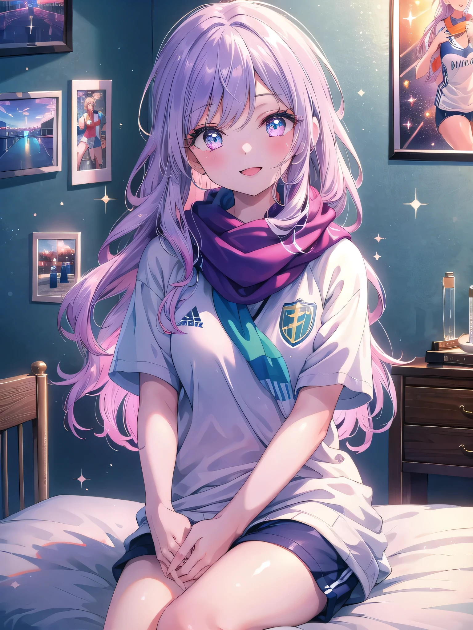 ((8k, Highest quality, masterpiece: 1.3)),Ultra-high resolution,(1 girl, alone), (Color changing eyes, Ultra-detailed, Expressive brilliance, Glitter, Glowing Eyes), Highly detailed eyes, Highly detailed face, Random Hair, ((pastel colour))A joyful young woman with pastel lavender hair styled into loose waves, sitting cross-legged on her bed in her softly lit bedroom during a late afternoon. She is dressed in a simple yet subtly sexy soccer player cosplay, wearing a fitted jersey, athletic shorts, and knee-high socks. The camera captures her from a slightly elevated angle as she smiles brightly, holding a soccer ball in her lap, her expression full of energy and excitement. The room is warmly lit by the setting sun, with a few sports posters on the wall, a soccer scarf draped over a chair, and a lively, sporty atmosphere.