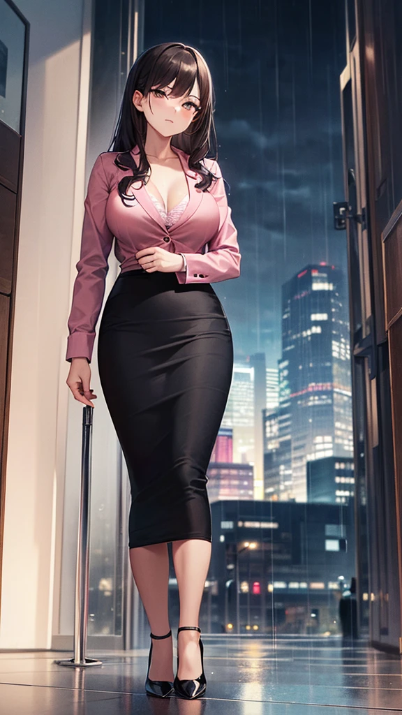 masterpiece, best quality, high detail, beautiful business woman, wavy hair, dark brown hair, business suit, black blazer, ((pink blouse)), black ((midi pencil skirt)), long black pencil skirt, heels, looking at viewer, rainy backdrop, storm, clouds, city alley at night,