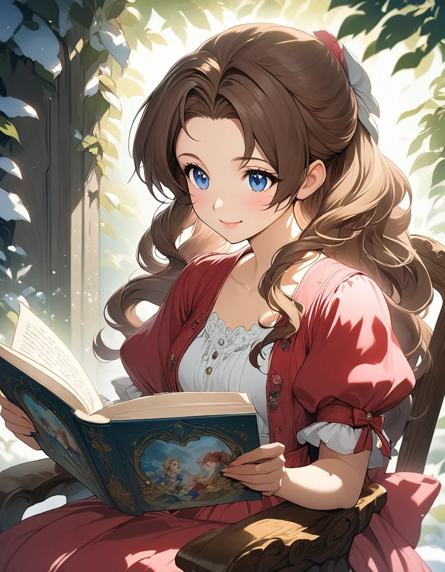 a woman sitting in a chair reading a book, smile on her face, beautiful aerith gainsborough, beautiful character painting, antasy character, anime fantasy illustration, anime fantasy artwork, fairy tale illustrations, anime painting, storybook art, beautiful anime portrait, elegant drawing, anime painter studio, beautiful fantasy painting, realistic anime style at pixiv, portrait of snow white, very beautiful fantasy art