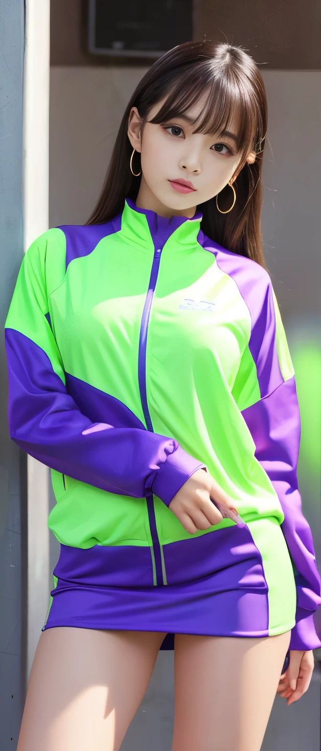 Gorgeous idol girl、whole body、Good style、、、、、、、、、、Thick legs、、Fluorescent purple track jacket dress、Cool girl face、、、