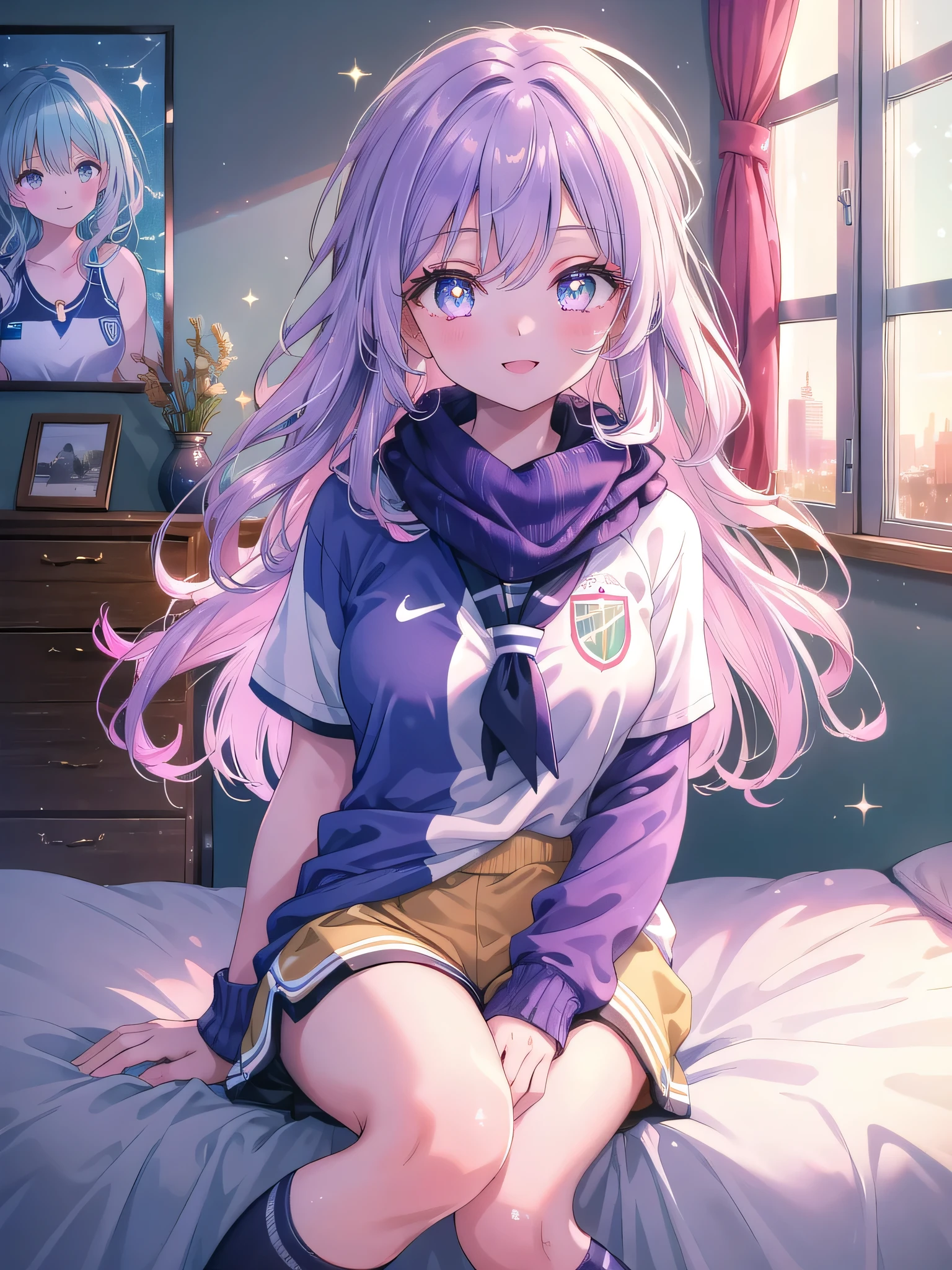 ((8k, Highest quality, masterpiece: 1.3)),Ultra-high resolution,(1 girl, alone), (Color changing eyes, Ultra-detailed, Expressive brilliance, Glitter, Glowing Eyes), Highly detailed eyes, Highly detailed face, Random Hair, ((pastel colour))A joyful young woman with pastel lavender hair styled into loose waves, sitting cross-legged on her bed in her softly lit bedroom during a late afternoon. She is dressed in a simple yet subtly sexy soccer player cosplay, wearing a fitted jersey, athletic shorts, and knee-high socks. The camera captures her from a slightly elevated angle as she smiles brightly, holding a soccer ball in her lap, her expression full of energy and excitement. The room is warmly lit by the setting sun, with a few sports posters on the wall, a soccer scarf draped over a chair, and a lively, sporty atmosphere.
