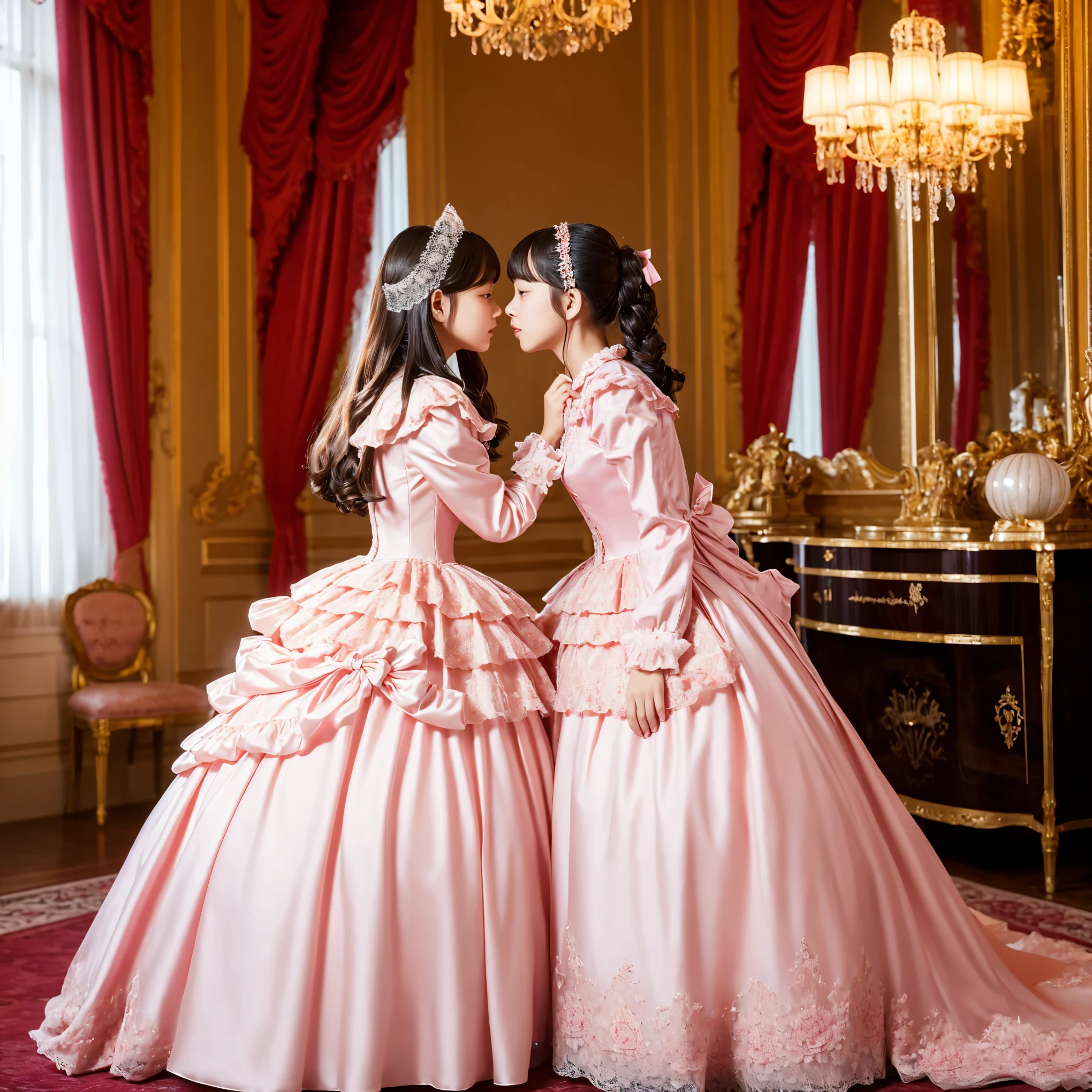 highest quality, masterpiece, highest resolution, artwork, super それにget used to it, many get used to it, get used to it, それにget used to it, woman, 10 years old,the two girls are princesses,pink victorian voluminous ball gown dress,long sleeve,long dress,A dress with lots of frills and ribbons..,luxury,Tzu-kiss,inside the palace bedroom,A luxurious canopy bed in the back,