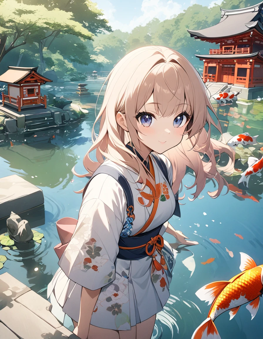 1girl, looking at the viewer, water, pond, lake, shrine, koi