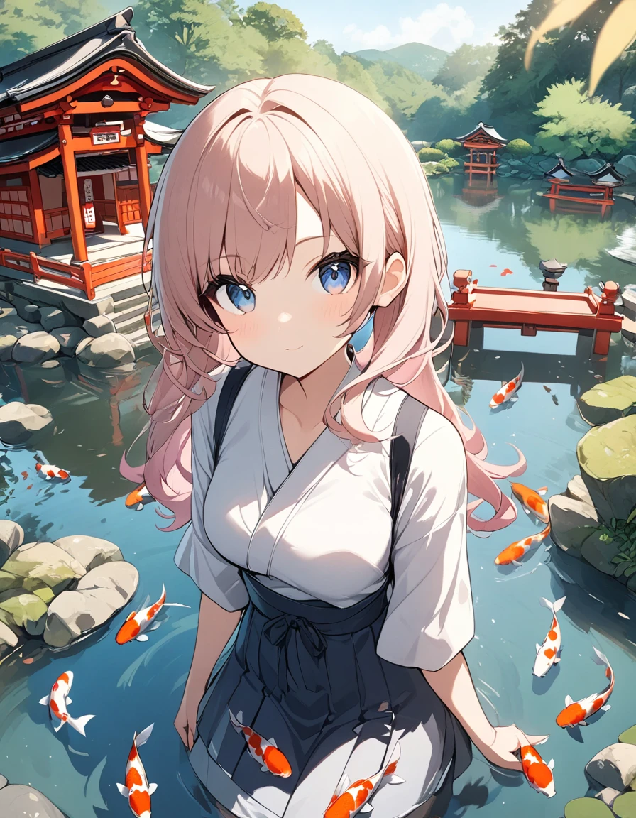 1girl, looking at the viewer, water, pond, lake, shrine, koi
