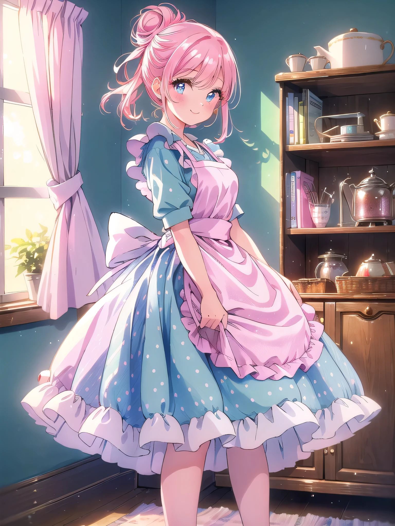 ((8k, Highest quality, masterpiece: 1.3)),Ultra-high resolution,(1 girl, alone), (Color changing eyes, Ultra-detailed, Expressive brilliance, Glitter, Glowing Eyes), Highly detailed eyes, Highly detailed face, Random Hair, ((pastel colour)),A beaming young woman with pastel pink hair styled into a messy bun, standing near her closet in her brightly lit bedroom during a sunny afternoon. She is dressed in a sweet yet subtly sexy 1950s housewife cosplay, wearing a polka-dotted dress with a fitted waist, an apron tied around her waist, and a pair of kitten heels. The camera captures her from a side angle as she adjusts her apron with a playful smile, her expression full of vintage charm and delight. The room is filled with natural light, with a few retro kitchen accessories on a nearby shelf, a small radio playing in the background, and a nostalgic, homely atmosphere.