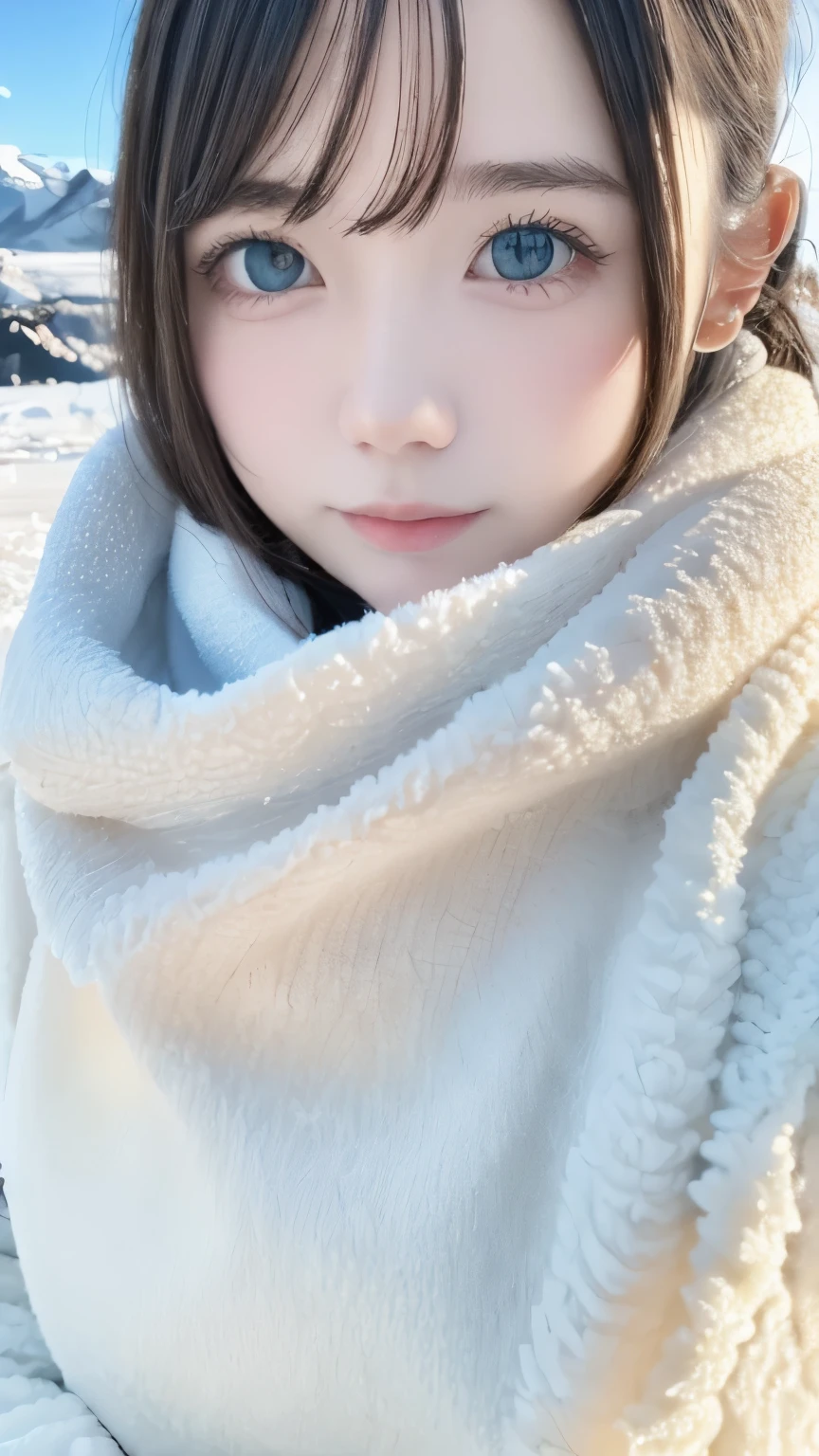 (Highest quality: 1.5), (masterpiece: 1.2), (Realistic: 1), 4K, (RAW Photos: 1.1), 1 person, Baby Face, 20-year-old, Looking at the audience, Black Hair, Icelandic, snow, ice, cold, Eskimo, Portraiture, Winter, gloves, scarf, close your eyes, smile, cute, Upper Body, snow piled up, Wide Shot,