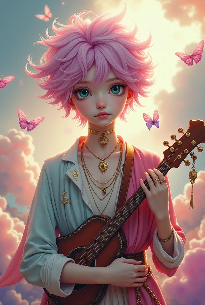 A femboy boy, his hair has three colors pink, blue and red, Your eyes are different colors, one is purple and the other green, his skin is white and delicate and is covered in a shiny golden powder that is like makeup, he also has magical runes tattooed on his body, he is of noble origin and his father is a genius, he loves to adventure, Of butterflies and flowers, he is a bard and always carries his beautiful lute and his beautiful sword, he likes to wear delicate rings, a choker and a heart necklace.