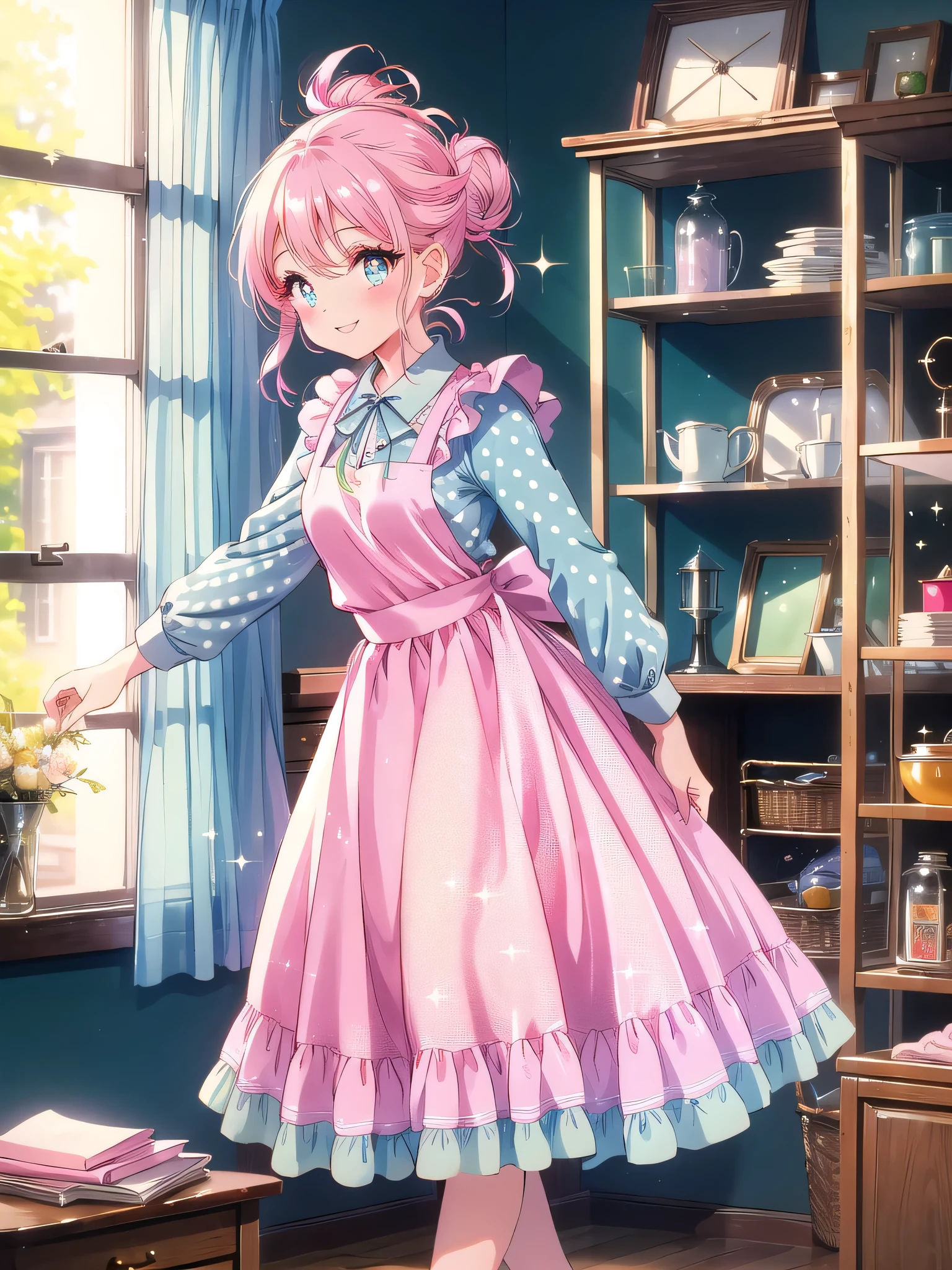 ((8k, Highest quality, masterpiece: 1.3)),Ultra-high resolution,(1 girl, alone), (Color changing eyes, Ultra-detailed, Expressive brilliance, Glitter, Glowing Eyes), Highly detailed eyes, Highly detailed face, Random Hair, ((pastel colour)),A beaming young woman with pastel pink hair styled into a messy bun, standing near her closet in her brightly lit bedroom during a sunny afternoon. She is dressed in a sweet yet subtly sexy 1950s housewife cosplay, wearing a polka-dotted dress with a fitted waist, an apron tied around her waist, and a pair of kitten heels. The camera captures her from a side angle as she adjusts her apron with a playful smile, her expression full of vintage charm and delight. The room is filled with natural light, with a few retro kitchen accessories on a nearby shelf, a small radio playing in the background, and a nostalgic, homely atmosphere.