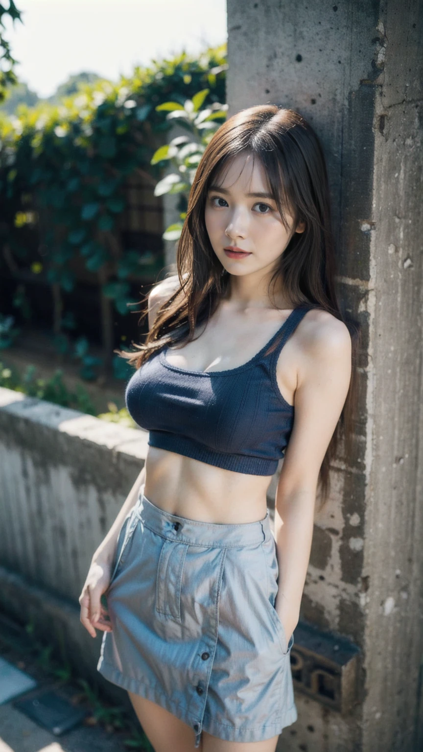 ((1girl)), woman, masterpiece, best quality, highest quality, cinematic lighting, (volumetric lighting), extremely detailed CG unity 8k wallpaper, focused, 8k wallpaper, extremely detailed, ultra realistic, photorealistic, sharp focus, absurdres, (HDR:1.2), (high contrast), photograph, detailed and intricate, instagram, portrait, highly detailed, digital painting, artstation, concept art, smooth, sharp focus, illustration, cinematic lighting, (big breast:1.3), (((skinny, slim legs))), (japanese idol posture), (knit strap tanktop, micro skirt, open shoulder, open chest, cleavage), looking at the viewer, ((indian pose)), ((Medium body shot, hip level shot)), long hair, ((leaning on a wall)), beautiful eyes.