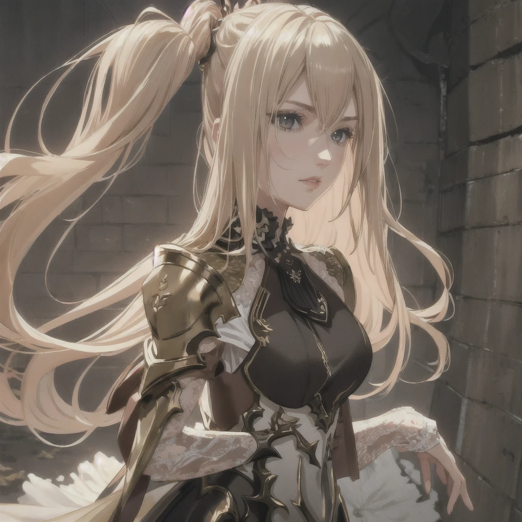 masterpiece, best quality, 1woman, adult, female focus, solo, blonde hair, long hair, vibrant brown eyes, looking at viewer, High quality metal texture, closed mouth, bangs, high collar,(kbxll:0.6), Fantasy aesthetics, Highly detailed, shadowverse style, full body