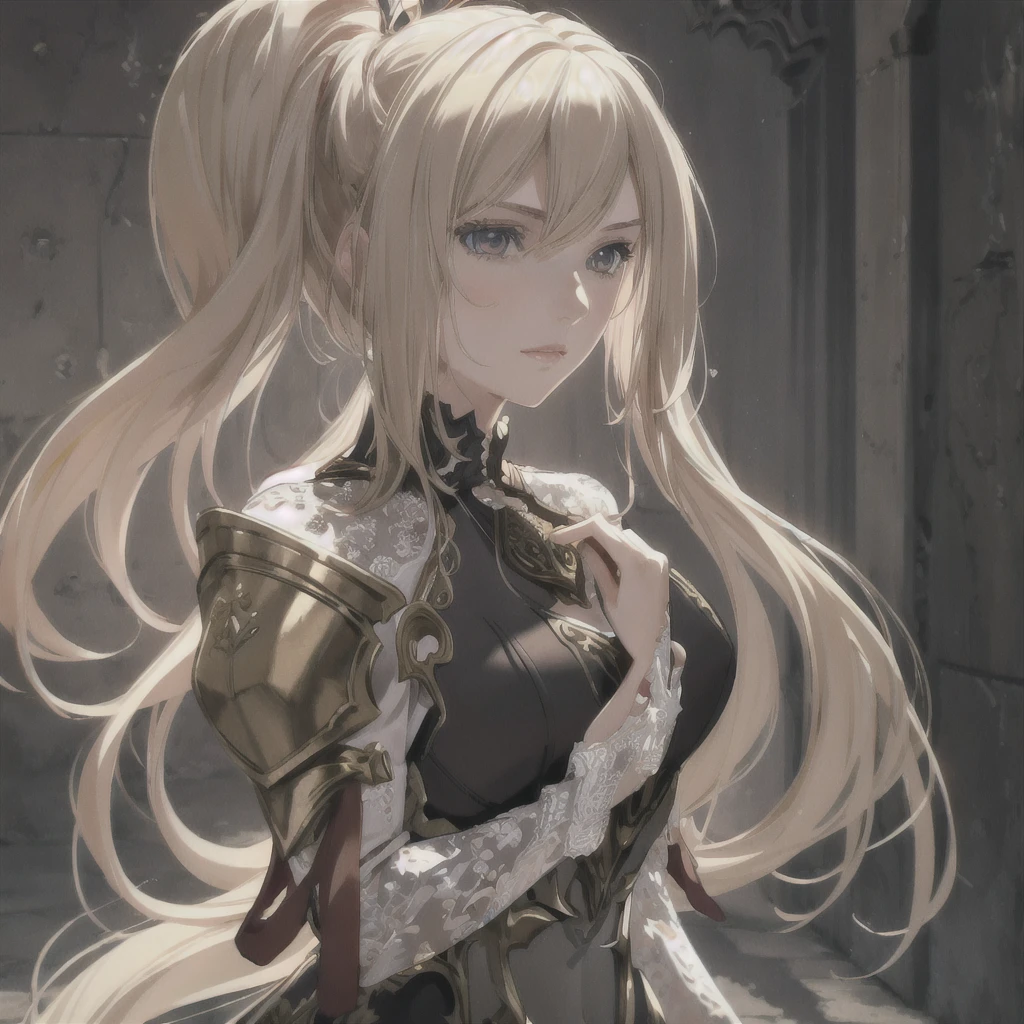 masterpiece, best quality, 1woman, adult, female focus, solo, blonde hair, long hair, vibrant brown eyes, looking at viewer, High quality metal texture, closed mouth, bangs, high collar,(kbxll:0.6), Fantasy aesthetics, Highly detailed, shadowverse style, full body