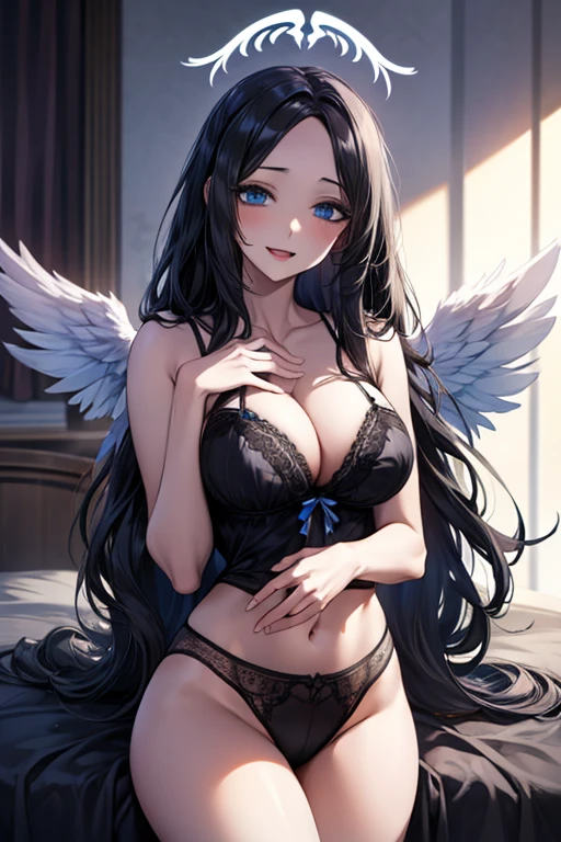 (((sky blue lingerie))), (((No head wings))), (((forehead))), (((big white angel wings))),Very detailed、highest quality、Best image quality、masterpiece、8k、Anime Face、A kind smile、Open Mouth、((black long hair:1.5))、((big breast)), sexy、 beautiful body 、Cowboy Shot, Sexual Intercourse, ((blue eyes)), hotel bedroom, busty, buxom, curvy, voluptuous,(((not black lingerie)))