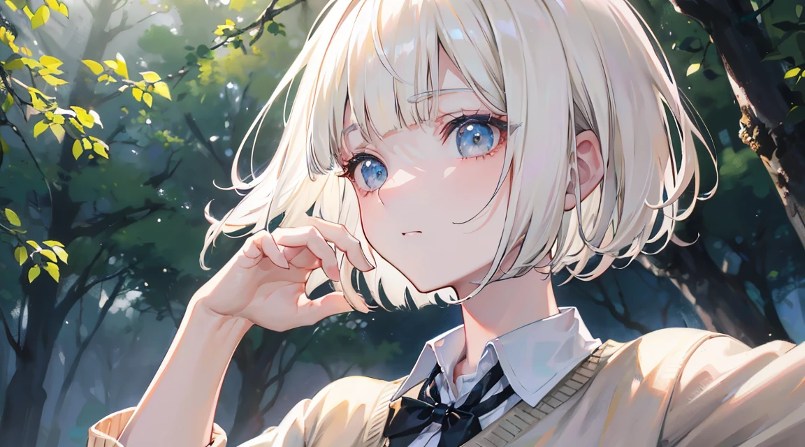 (Bob Cut Hair, Platinum Blonde Hair, profile:1.2),(Wear a cardigan over a collared shirt:1.2),1 person,Japanese,21 years old,(Small breasts:1.3),(Highest quality,masterpiece:1.3,超A high resolution,),(Ultra-detailed,Caustics),(Photorealistic:1.4,RAW shooting,)Ultra-Realistic Capture,Very detailed,High resolution 16K human skin close-up。 Natural skin texture、,Pores、、It needs to be detailed enough to be easily identifiable。 Skin should be even-toned and healthy looking。 Use natural light and colour, Sad expression, Looking at the camera, Perfect dynamic composition, Outdoor