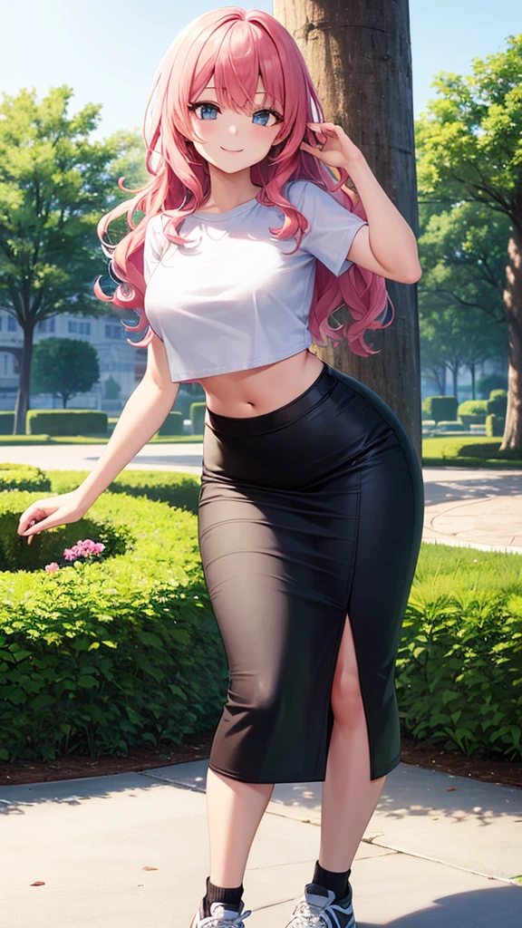 masterpiece, best quality, high detail, beautiful woman, wavy hair, pink hair, white cropped t-shirt and unbuttoned jean jacket, black midi pencil skirt, long ((black pencil skirt)), sneakers, midriff, belly button, looking at viewer, wide eyed, garden, park, tree, smile,