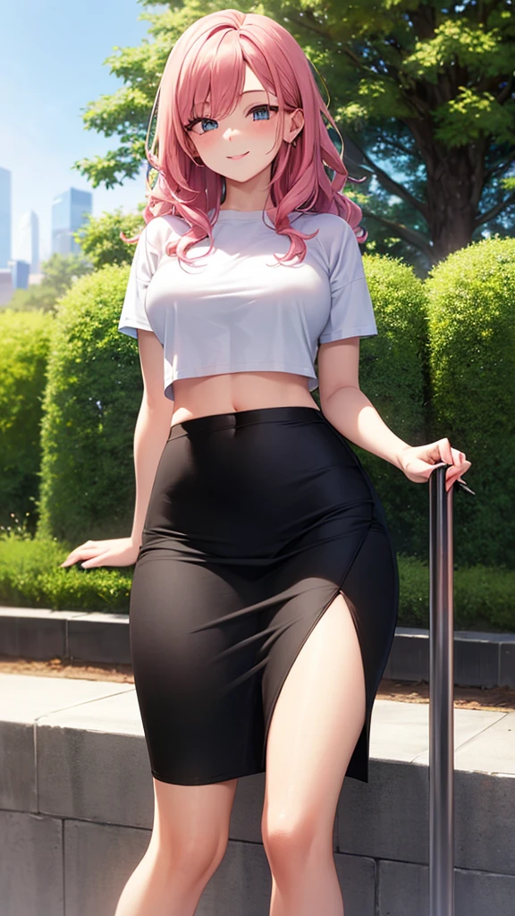 masterpiece, best quality, high detail, beautiful woman, wavy hair, pink hair, white cropped t-shirt and unbuttoned jean jacket, black midi pencil skirt, long ((black pencil skirt)), sneakers, midriff, belly button, looking at viewer, wide eyed, garden, park, tree, smile, 