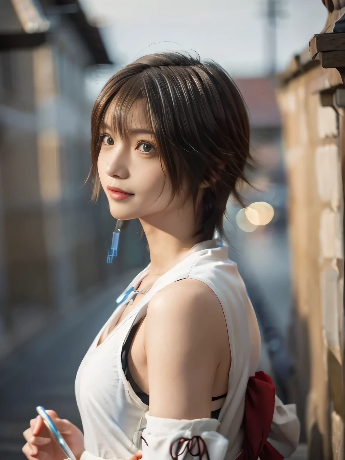 20 year old Japanese beauty,One woman、Muscular body like a bodybuilder、Emphasize the breasts、Slit eyes、A head-to-toe view,Bust is very very large、The background is a medieval European kitchen、High quality photos、Clear, crisp images of the lower body、Masterpiece 8k、Smiling、Biting into an apple、From the front, from the side, from the back, etc.々from what camera angle to shoot、FF10 Yuna's outfit、