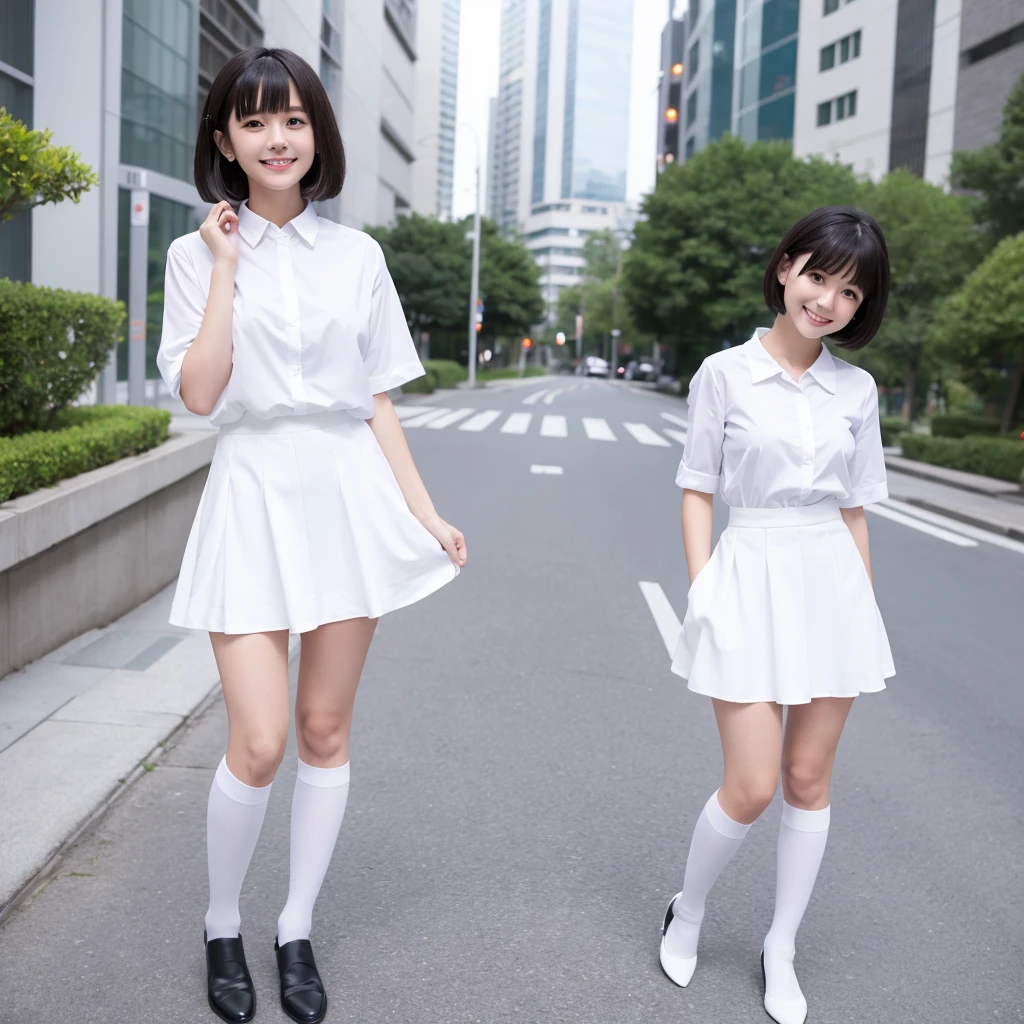 White knee-high socks、White dress shirt、White mini skirt、White pumps、Japanese women、whole body、Black Hair、short hair、Standing posture、smile、One person, High resolution, Gaze, Anatomically correct, Highest quality、20-year-old
