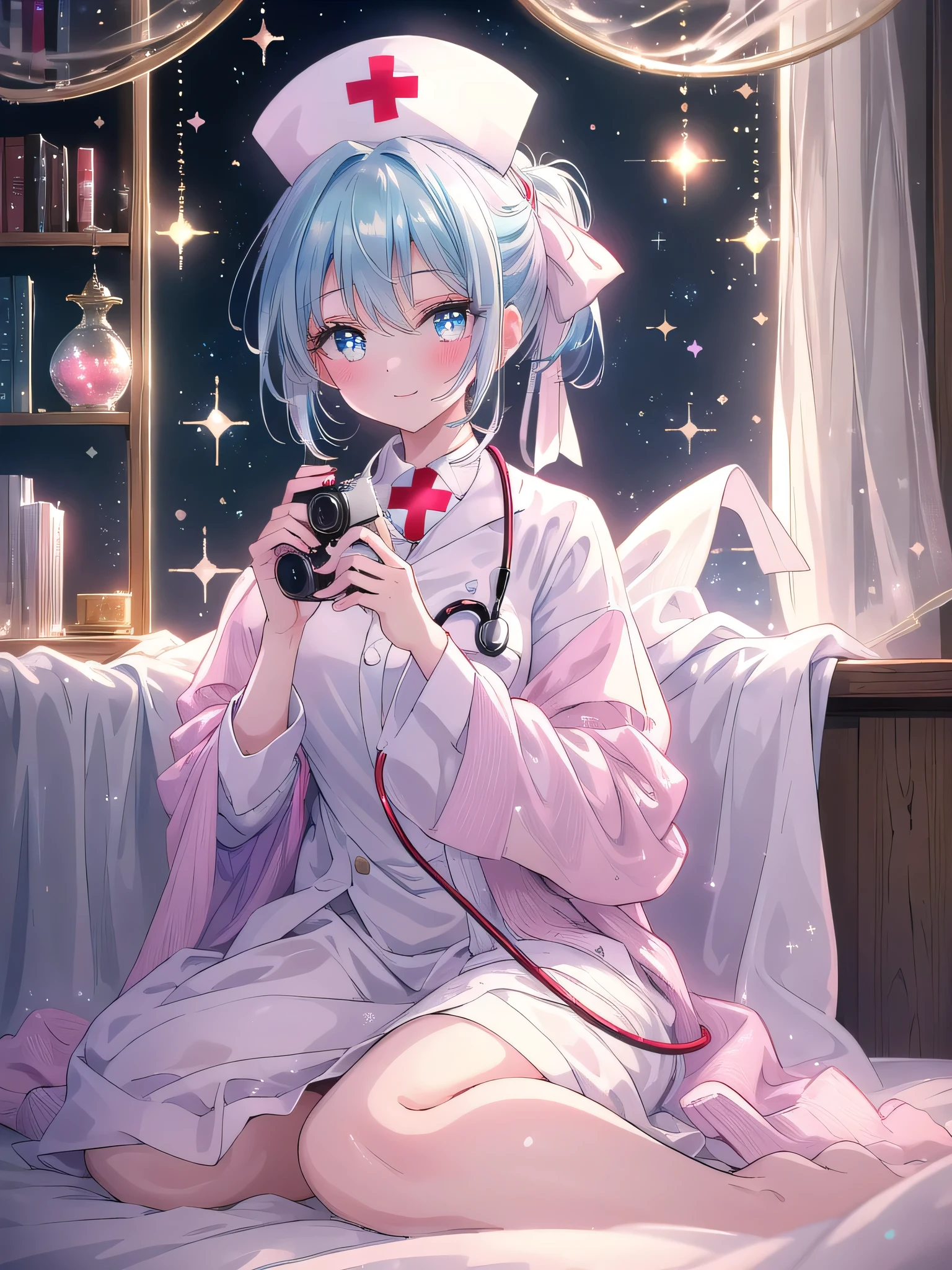 ((8k, Highest quality, masterpiece: 1.3)),Ultra-high resolution,(1 girl, alone), (Color changing eyes, Ultra-detailed, Expressive brilliance, Glitter, Glowing Eyes), Highly detailed eyes, Highly detailed face, Random Hair, ((pastel colour)),A playful young woman with pastel blue hair styled into a loose ponytail, sitting at her vanity in her softly lit bedroom during a quiet evening. She is dressed in a simple yet subtly sexy nurse cosplay, wearing a white dress with a red cross on the chest and a small nurse's cap perched on her head. The camera captures her from a slightly low angle as she smiles warmly while holding a stethoscope, her expression full of care and kindness. The room is warmly lit by a bedside lamp, with a few medical books on the vanity, a cozy blanket draped over the bed, and a calming, comforting atmosphere.