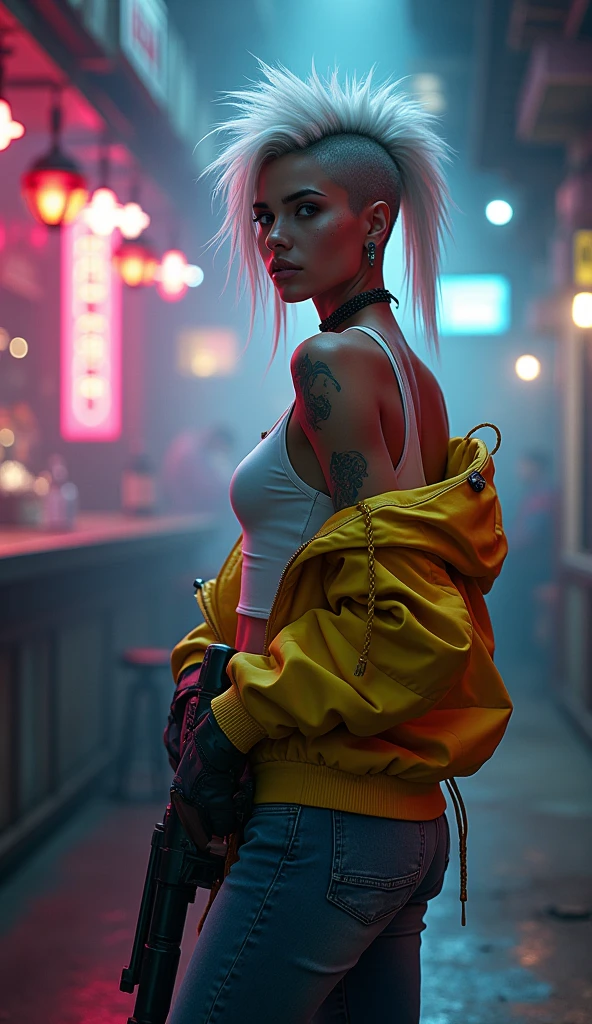 realistic photography, Cyberpunk 2020, Cyberpunk, young Rogue Amendiares from Cyberpunk 2077, full body shot , stands in a feisty and defiant pose, stands back and looks over her shoulder at the viewer, Perfect Face, Perfect body, yellow and blue leather jacket, white tank top , jeans, punks hairstyle (mix of mohawk hairstyle with cherokee hairstyle), gradient white and silver hair with colored highlights, dark makeup, tattoos, hold big gun in hand, the legend ,Afterlife bar Interior, Sharp Focus, Smoke, Sparks, 4K, ultra-detailed, photorealistic,