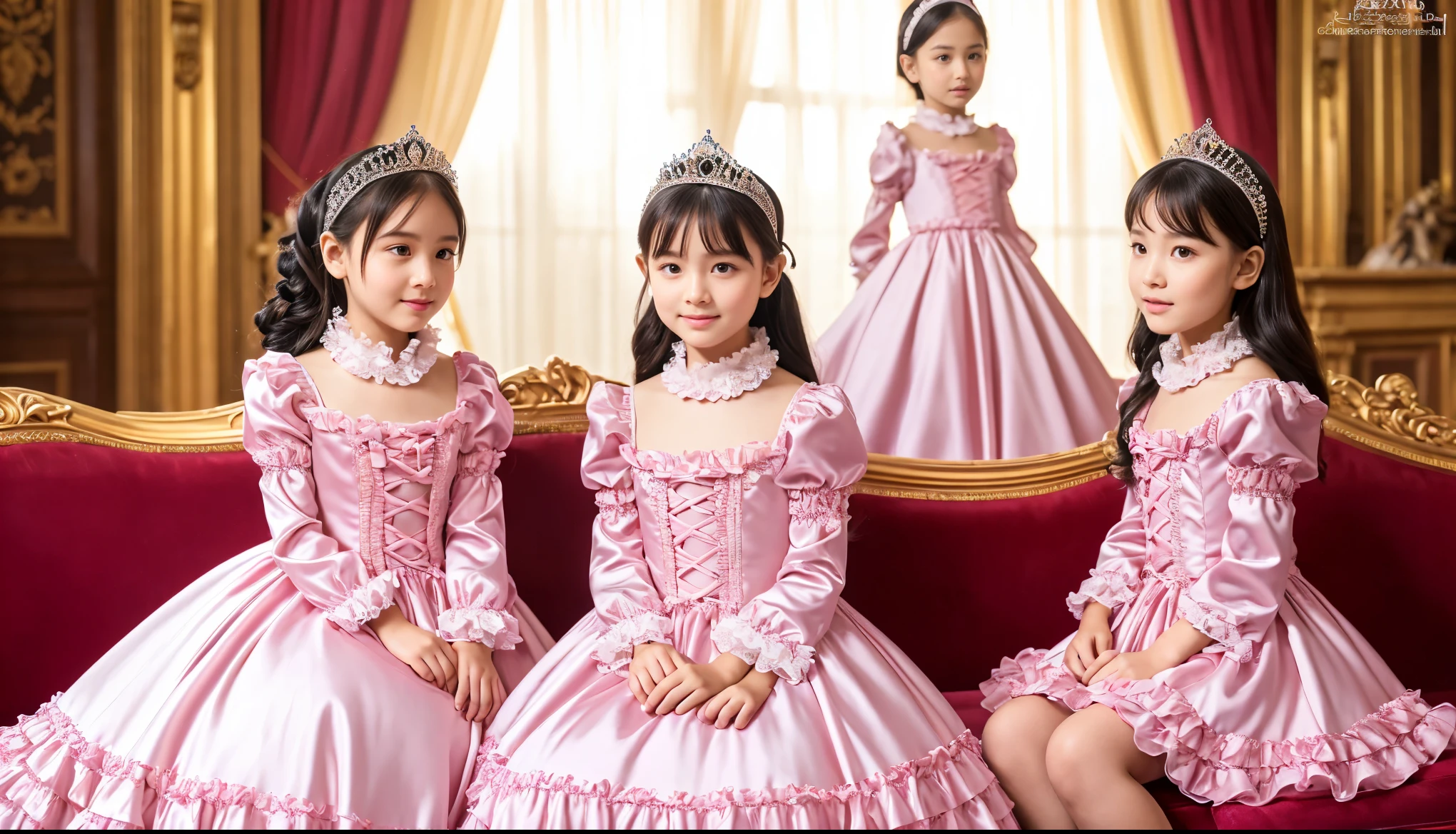highest quality, masterpiece, highest resolution, artwork, super be familiar with, many detailed, detailed, be familiar with, children girls,(10 years old),girls are princesses,Everyone wears a tiara on their head,((All are wearing pink Victorian dresses with voluminous, full-length hoop skirts.)),long sleeve,long dress,Dress with lots of frills and ribbons,luxury,inside the palace,satin fabric dress,