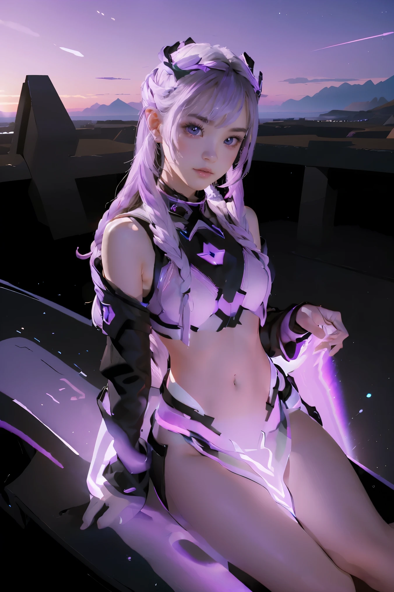 ((masterpiece, best quality, extremely detailed), volumetric lighting, ambient occlusion, colorful, glowing), a boy and a girl, (purple white gradient long hair),  halo, aura, sacred, goddess,, (black outfit:1.3), 
outdoors, sunset, sky, clouds, space, ((a couple shot)),
