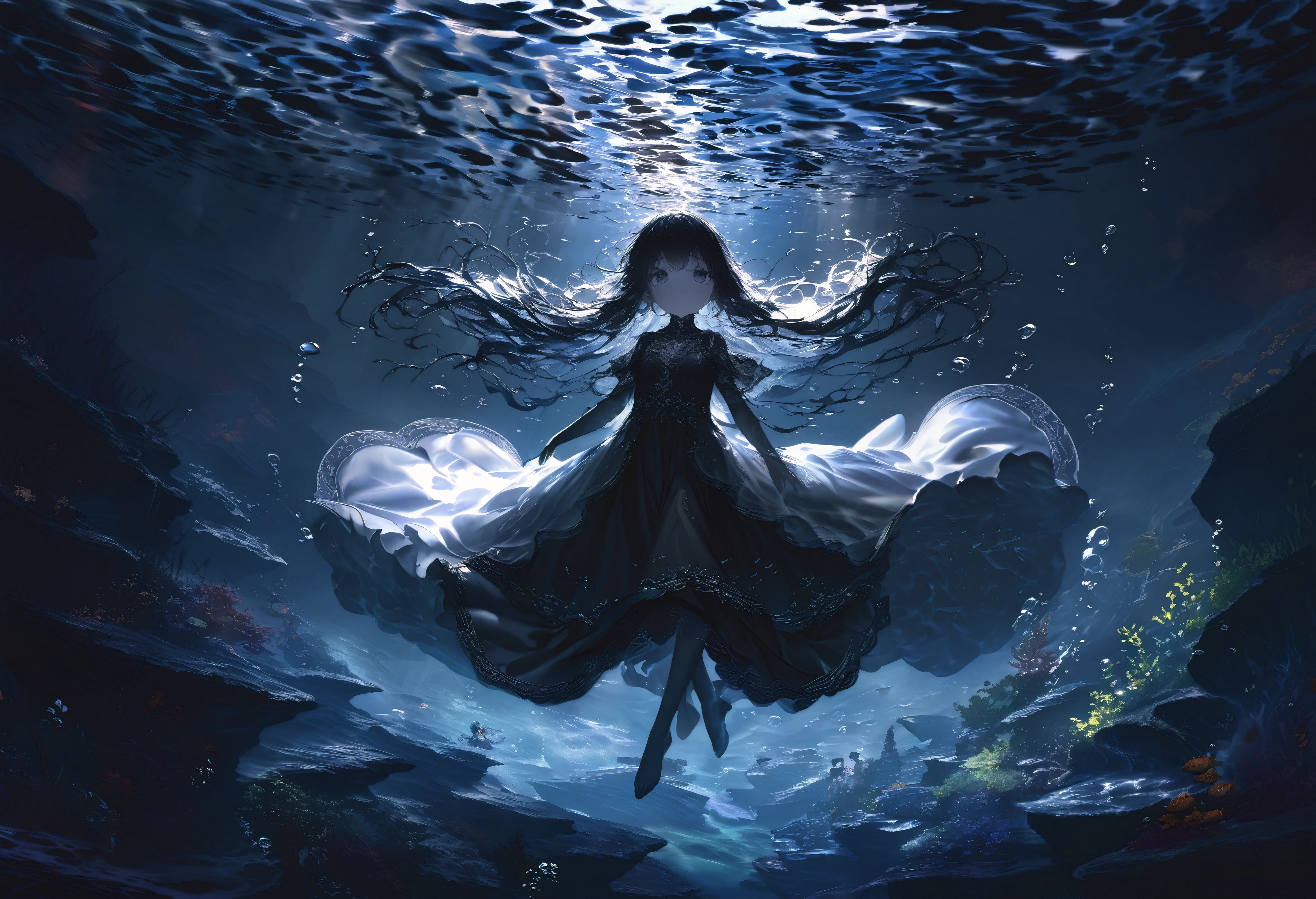 (full body), (solo), (A :1.2), (very young little girl), , (Solo), (small breast), (wide angle), raw photo, Aesthetic, Convoluted, Awarded, chiaroscuro, Best Quality, Detailed background, (underwater atmosphere:1.2), (underwater photo, floating drowning:1.1), ((Girl in very long black dress:1.2)), (very wet dress:1.1), detailxl, As the tempest rages overhead, the world is painted in a monochrome dance of silver and darkness, the rain a relentless symphony of nature's power. Amidst this deluge, a young girl emerges, her silhouette a stark contrast to the storm's fury. She is adorned in a black sheer transparent long skirt, a garment that whispers of mystery and allure.

Submerged in the water, the skirt takes on a life of its own, a dark, flowing silhouette that moves with the grace and fluidity of the deep. The black fabric, once a stark contrast to the world above, now becomes a part of the underwater realm, its transparency allowing the subtle play of light to filter through, casting shadows and highlights that dance around the girl.

The skirt's transparency allows the water to become a second layer of the garment, the fabric clinging to her form like a second skin, revealing and concealing in equal measure. The darkness of the fabric contrasts with the clarity of the water, creating a visual illusion of depth and dimension that adds to the skirt's allure.

As the skirt moves with the water, it creates a sense of motion and flow, the fabric rippling and swirling around her like a dark current. The hem of the skirt sways gently, brushing against the underwater terrain, leaving a trail of disturbed sediment in its wake, a testament to the skirt's passage through the depths.

The black sheer fabric is adorned with subtle details that become more pronounced underwater. Perhaps there are delicate patterns or embroidery that shimmer in the refracted light, adding a touch of elegance and sophistication to the skirt. These details are like hidden treas