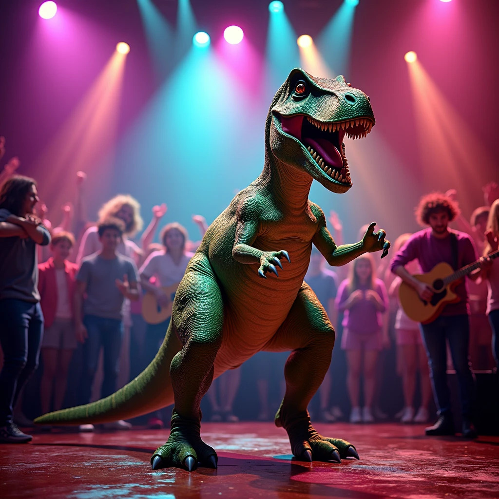 generate high quality and clear without blur image of dinosaur dancing on stage