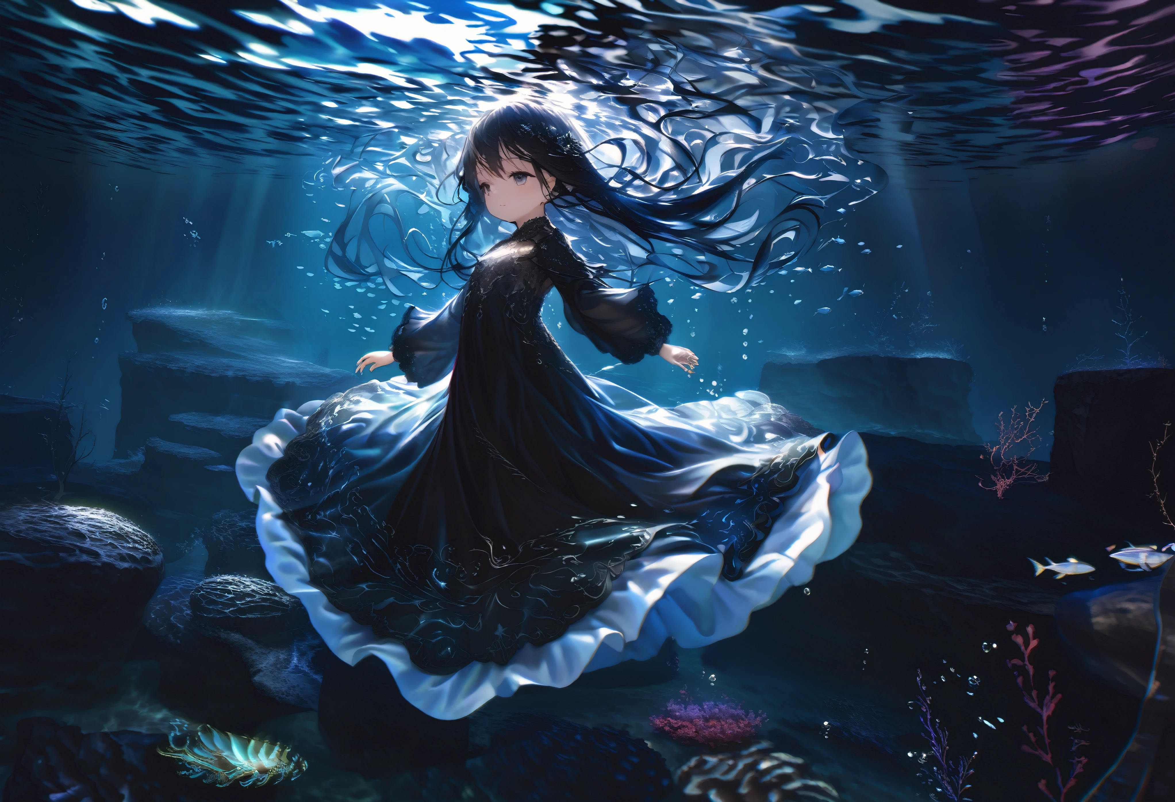 (full body), (solo), (A :1.2), (very young little girl), , (Solo), (small breast), (wide angle), raw photo, Aesthetic, Convoluted, Awarded, chiaroscuro, Best Quality, Detailed background, (underwater atmosphere:1.2), (underwater photo, floating drowning:1.1), ((Girl in very long black dress:1.2)), (very wet dress:1.1), detailxl, As the tempest rages overhead, the world is painted in a monochrome dance of silver and darkness, the rain a relentless symphony of nature's power. Amidst this deluge, a young girl emerges, her silhouette a stark contrast to the storm's fury. She is adorned in a black sheer transparent long skirt, a garment that whispers of mystery and allure.

Submerged in the water, the skirt takes on a life of its own, a dark, flowing silhouette that moves with the grace and fluidity of the deep. The black fabric, once a stark contrast to the world above, now becomes a part of the underwater realm, its transparency allowing the subtle play of light to filter through, casting shadows and highlights that dance around the girl.

The skirt's transparency allows the water to become a second layer of the garment, the fabric clinging to her form like a second skin, revealing and concealing in equal measure. The darkness of the fabric contrasts with the clarity of the water, creating a visual illusion of depth and dimension that adds to the skirt's allure.

As the skirt moves with the water, it creates a sense of motion and flow, the fabric rippling and swirling around her like a dark current. The hem of the skirt sways gently, brushing against the underwater terrain, leaving a trail of disturbed sediment in its wake, a testament to the skirt's passage through the depths.

The black sheer fabric is adorned with subtle details that become more pronounced underwater. Perhaps there are delicate patterns or embroidery that shimmer in the refracted light, adding a touch of elegance and sophistication to the skirt. These details are like hidden treas