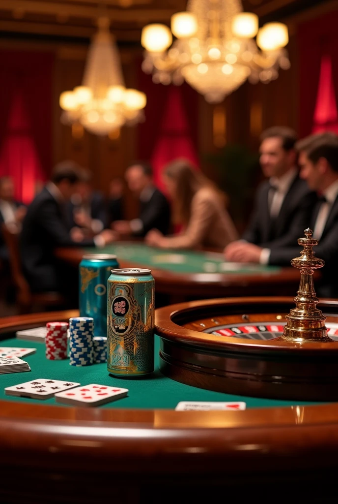 Poker table with a roulette wheel and two cans of Pitu around it