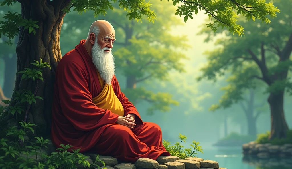 Old fat monk master contentrating, beatufill scenario, temple's, trees, in anime style, peacefull,