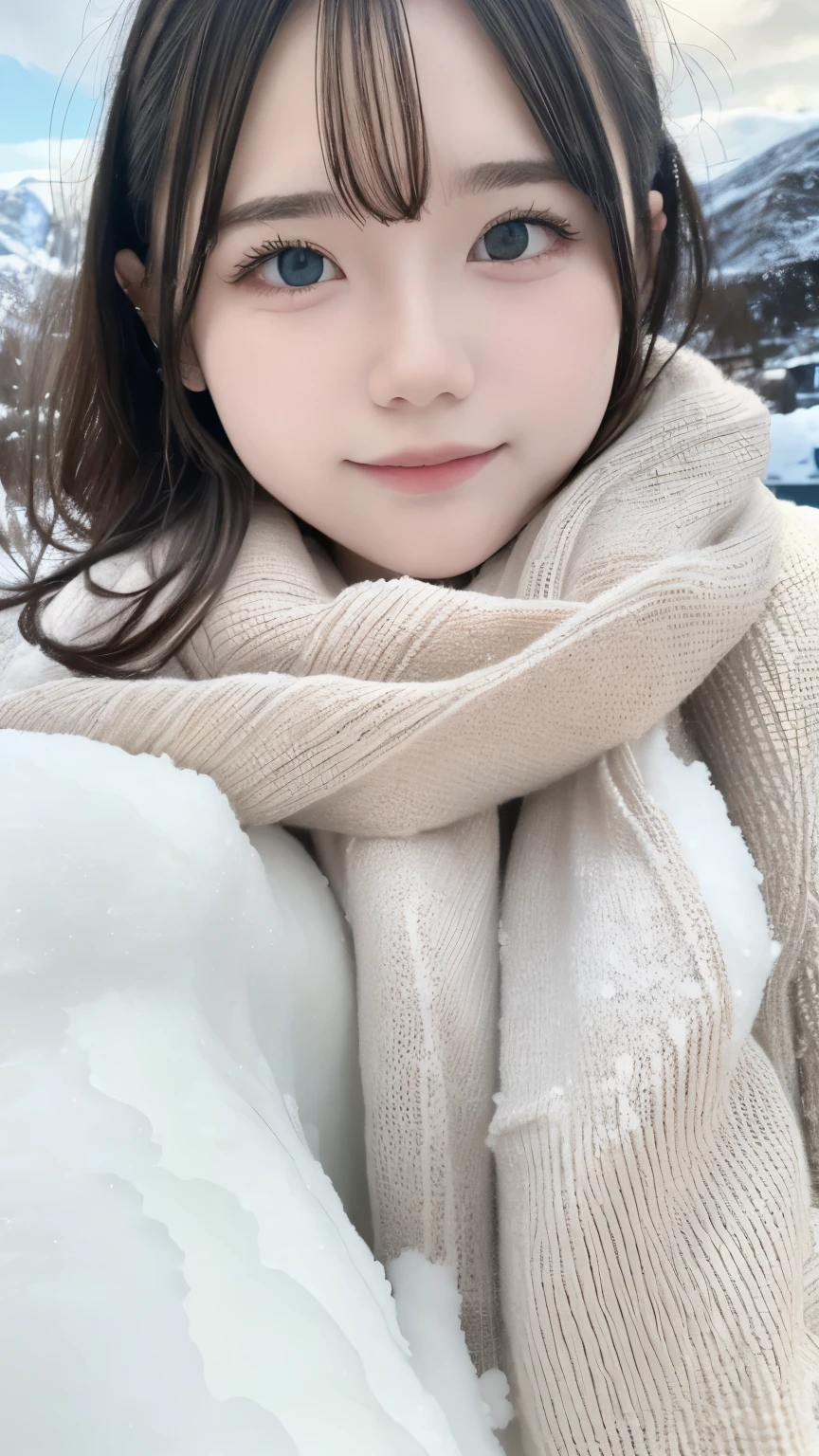 (Highest quality: 1.5), (masterpiece: 1.2), (Realistic: 1), 4K, (RAW Photos: 1.1), 1 person, Baby Face, 20-year-old, Looking at the audience, Black Hair, Icelandic, snow, ice, cold, Eskimo, Portraiture, Winter, gloves, scarf, close your eyes, smile, cute, Upper Body, snow piled up, Wide Shot,
