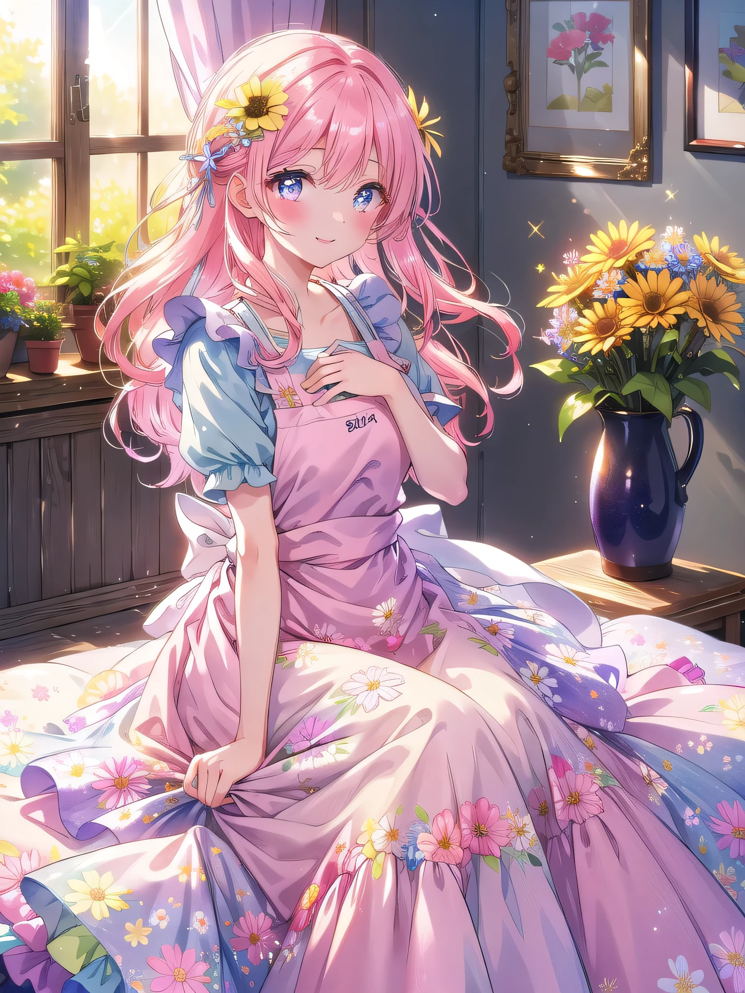 ((8k, Highest quality, masterpiece: 1.3)),Ultra-high resolution,(1 girl, alone), (Color changing eyes, Ultra-detailed, Expressive brilliance, Glitter, Glowing Eyes), Highly detailed eyes, Highly detailed face, Random Hair, ((pastel colour)),A cheerful young woman with pastel pink hair styled into loose waves, sitting on the floor of her brightly lit bedroom during a sunny morning. She is dressed in a cute yet subtly sexy flower shop assistant cosplay, wearing a simple sundress with a floral print and an apron tied around her waist. The camera captures her from a slightly elevated angle as she smiles warmly while arranging a bouquet of flowers, her expression full of care and creativity. The room is bathed in natural sunlight, with vases of fresh flowers on a nearby table, a few gardening tools scattered around, and a fragrant, blooming atmosphere.