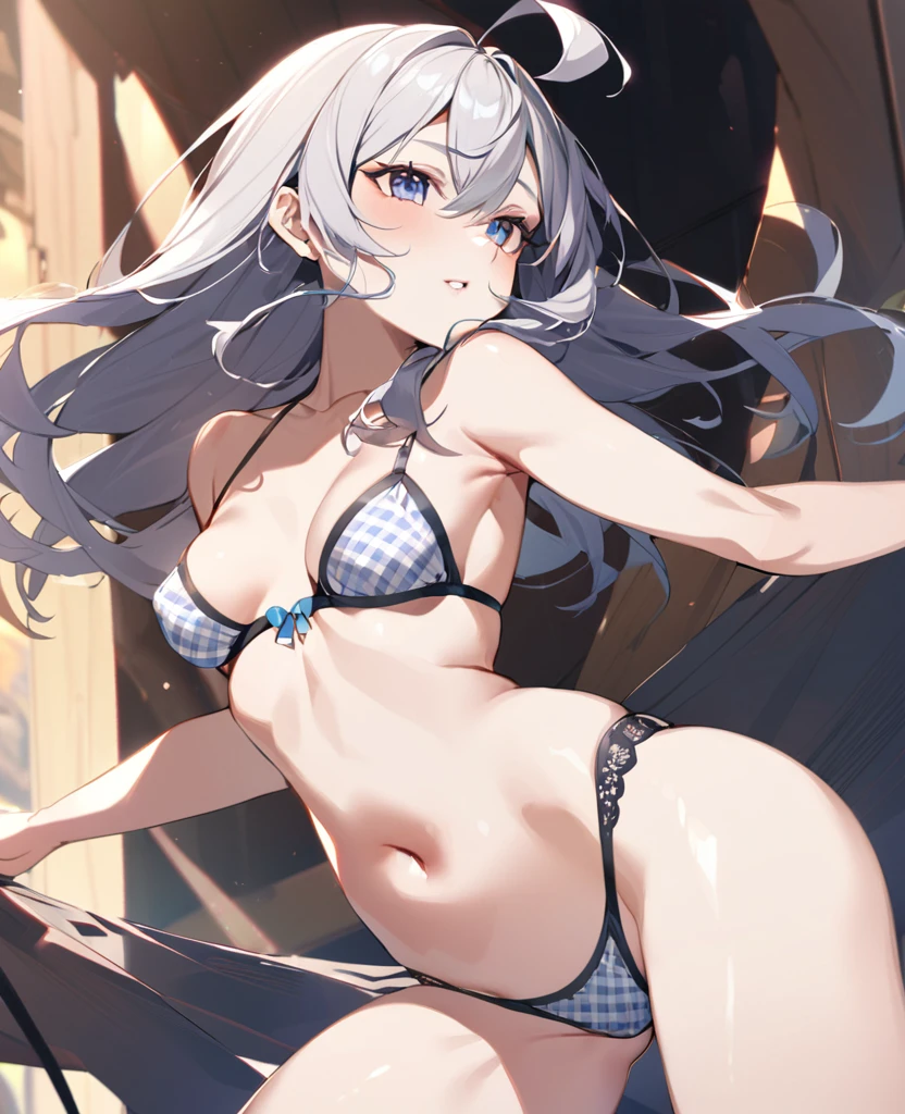 Smile,Asian ,1girl in, Cute ,from a_Side, The upper part of the body_Body, from bellow,ceiling,Looking at Viewer, Focus on Eyes, Leg_ass hole up, Long hair, Wavy Hair, Bangs, Hair pulled back, Grey Hair, snowflakesdetailed cute anime face, blush stickers, Heart-shaped_Pupils, parted_Lips, Huge_breasts, White beret, side-tie_bikini of_Bottom, beautiful bare back, Thigh_Strap, Sandals, Skindentation, halterneck, Water splash, Flying splashes, reflective water surface, shiny,