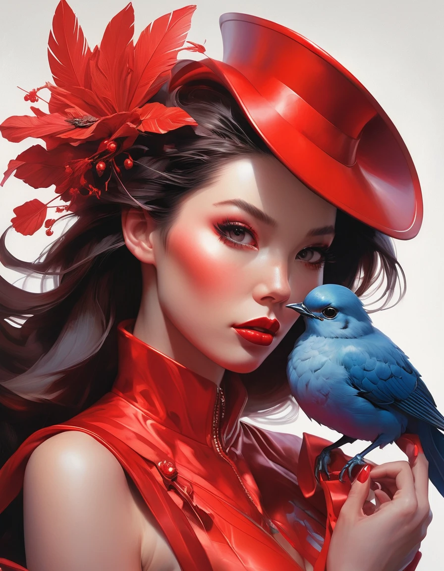 a close up of a woman in a red costume with a bird on her shoulder, artgerm and james jean, artgerm greg rutkowski _ greg, featured on artgerm, artgerm style, as seen on artgerm, artgerm colorful!!!, artgerm julie bell beeple, jessica rabbit, artgerm comic, stephen lau and artgerm, as seen on artgerm, artgerm julie bell beeple, stanley artgerm lau, artgerm and ben lo, portrait , artgerm on artstation pixiv, posing for photoshoot, beautiful sexy and beautiful and attractive, wide angle photography 