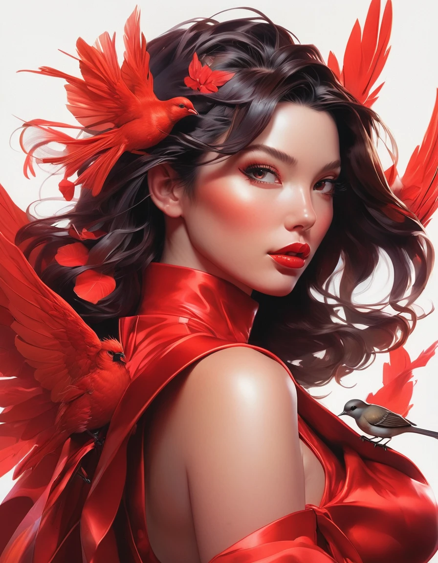 a close up of a woman in a red costume with a bird on her shoulder, artgerm and james jean, artgerm greg rutkowski _ greg, featured on artgerm, artgerm style, as seen on artgerm, artgerm colorful!!!, artgerm julie bell beeple, jessica rabbit, artgerm comic, stephen lau and artgerm, as seen on artgerm, artgerm julie bell beeple, stanley artgerm lau, artgerm and ben lo, portrait , artgerm on artstation pixiv, posing for photoshoot, beautiful sexy and beautiful and attractive, wide angle photography 
